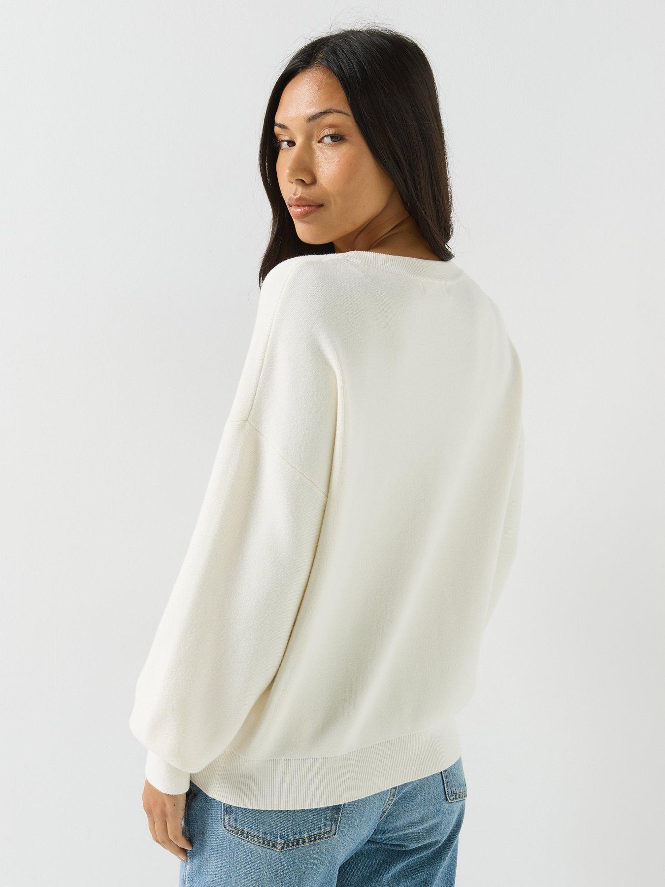 Image 2 of 6 of Guess Long Sleeve Madeline Logo Sweater - Cream