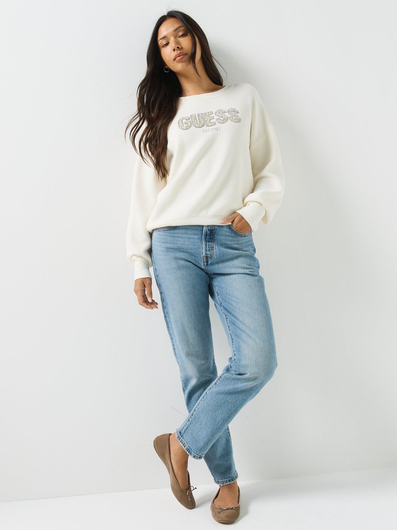 Image 3 of 6 of Guess Long Sleeve Madeline Logo Sweater - Cream
