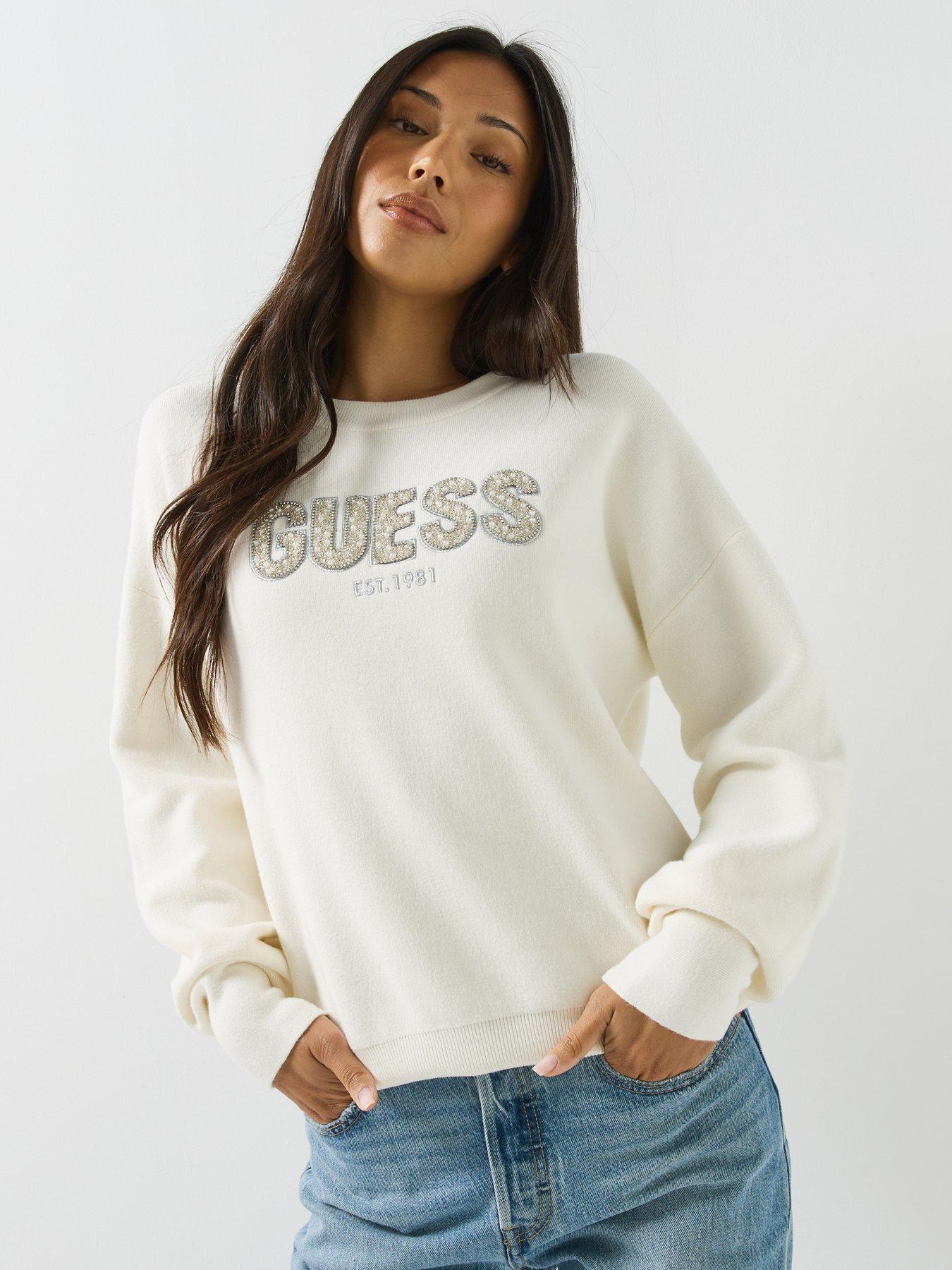 Image 4 of 6 of Guess Long Sleeve Madeline Logo Sweater - Cream