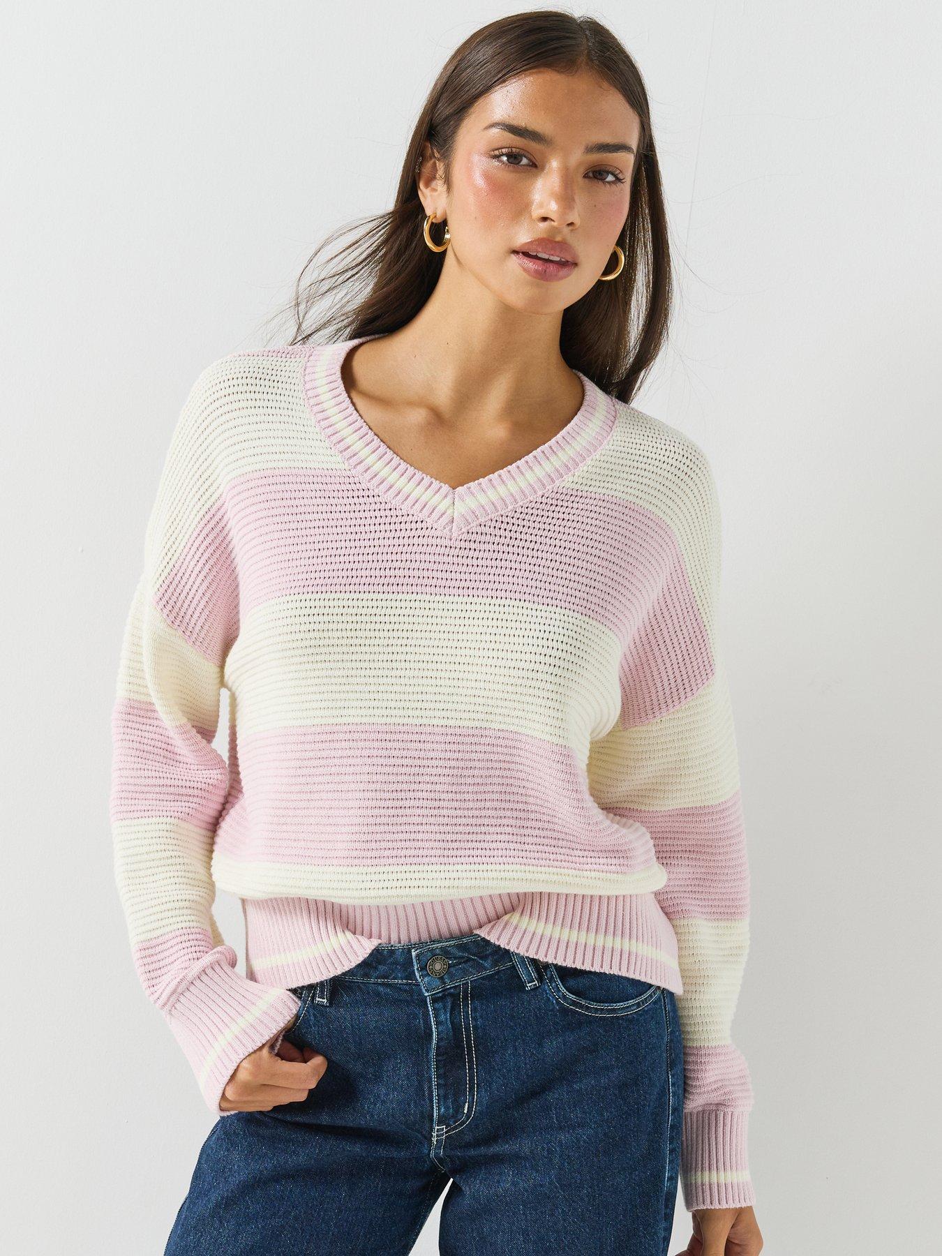 Image 1 of 6 of Guess Jeans Long Sleeve Ottoman Striped Sweater - Purple