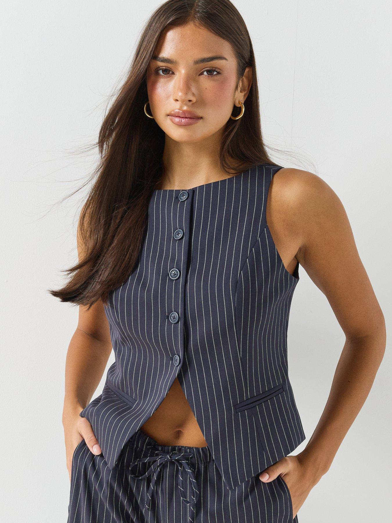 Image 1 of 6 of Guess Jeans Fitted Pinstripe Vest - Blue