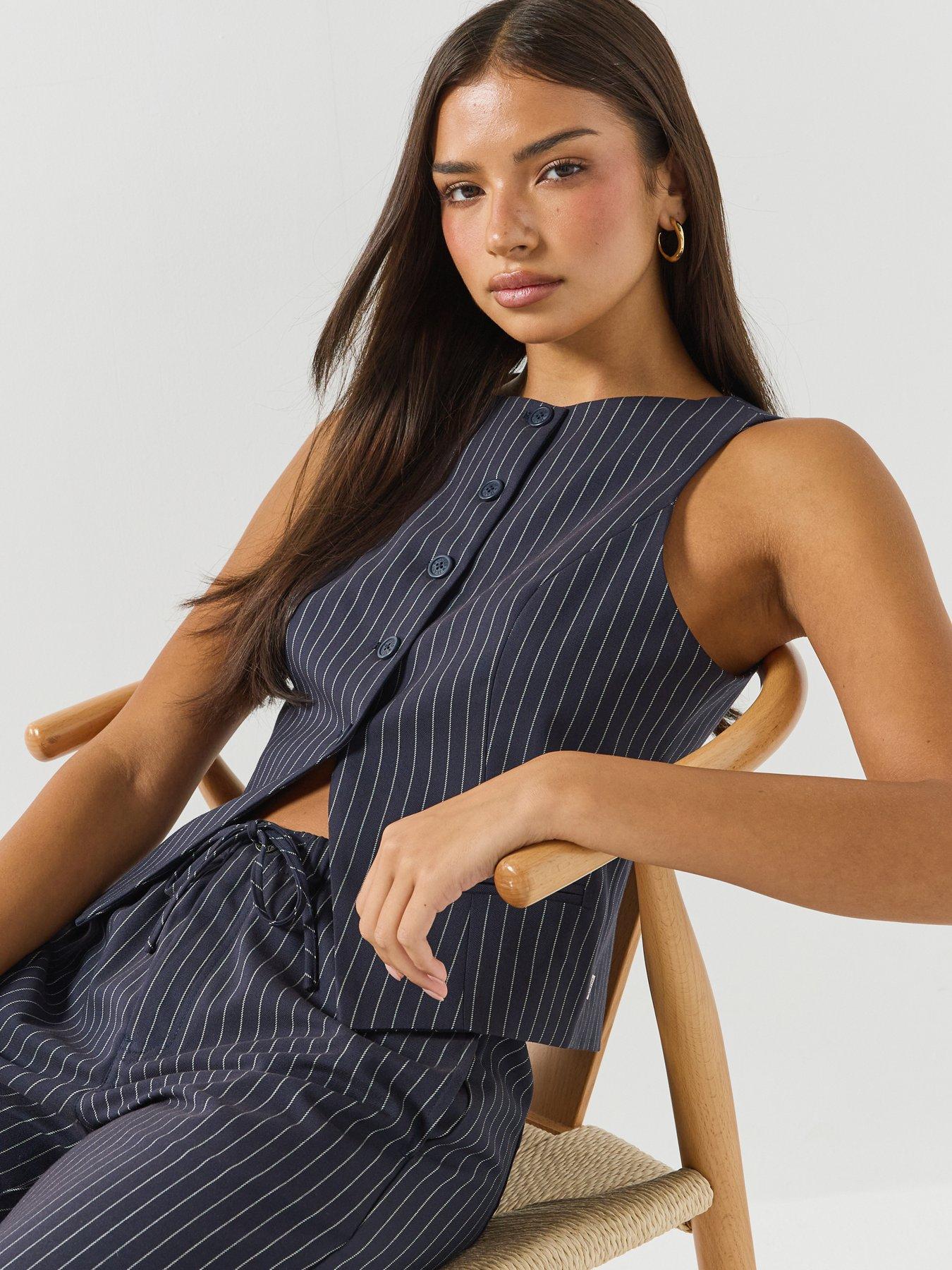 Image 4 of 6 of Guess Jeans Fitted Pinstripe Vest - Blue
