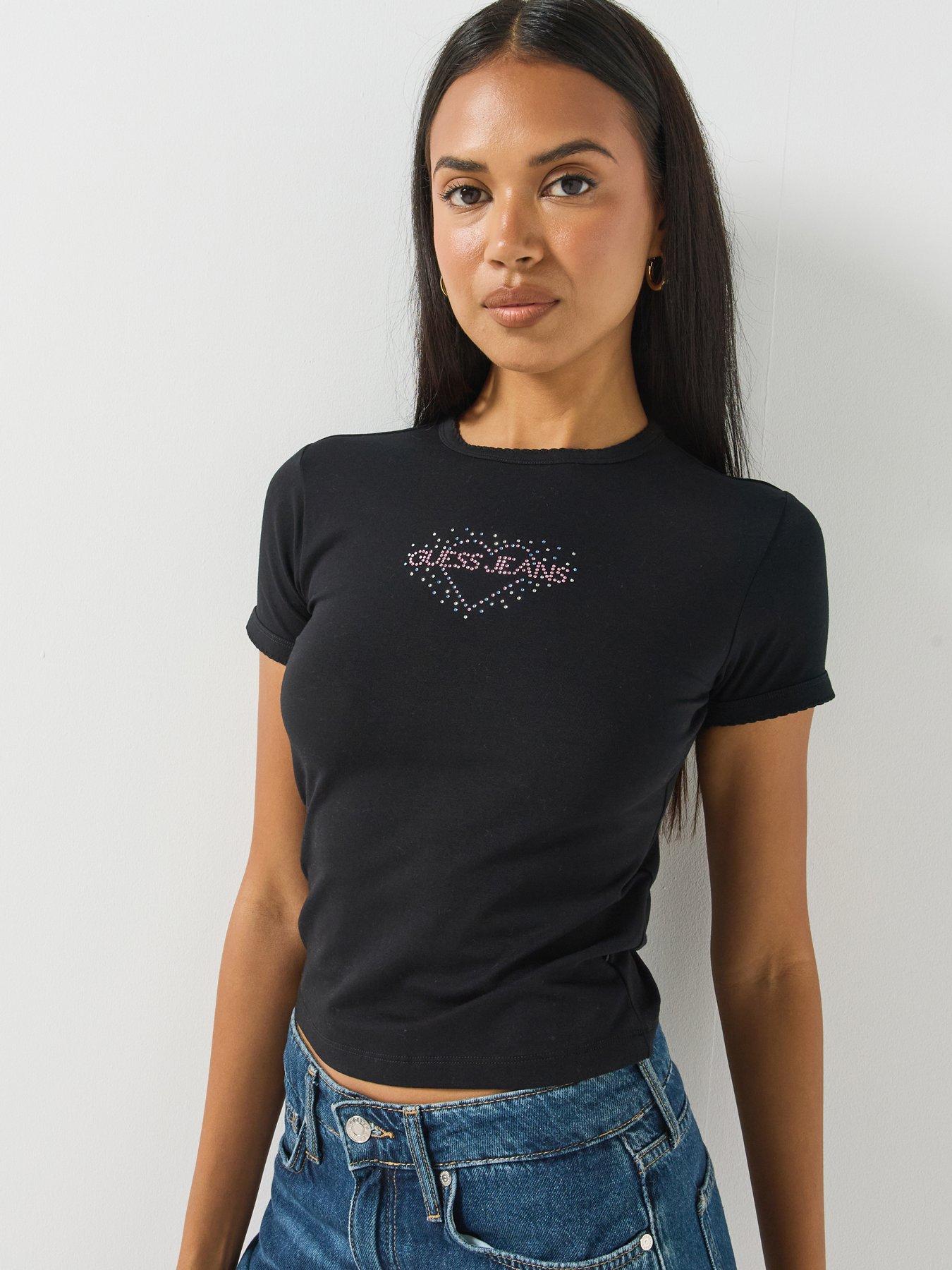 Image 1 of 4 of Guess Jeans Womens Rhinestone Heart Stretch Baby T-Shirt - Black