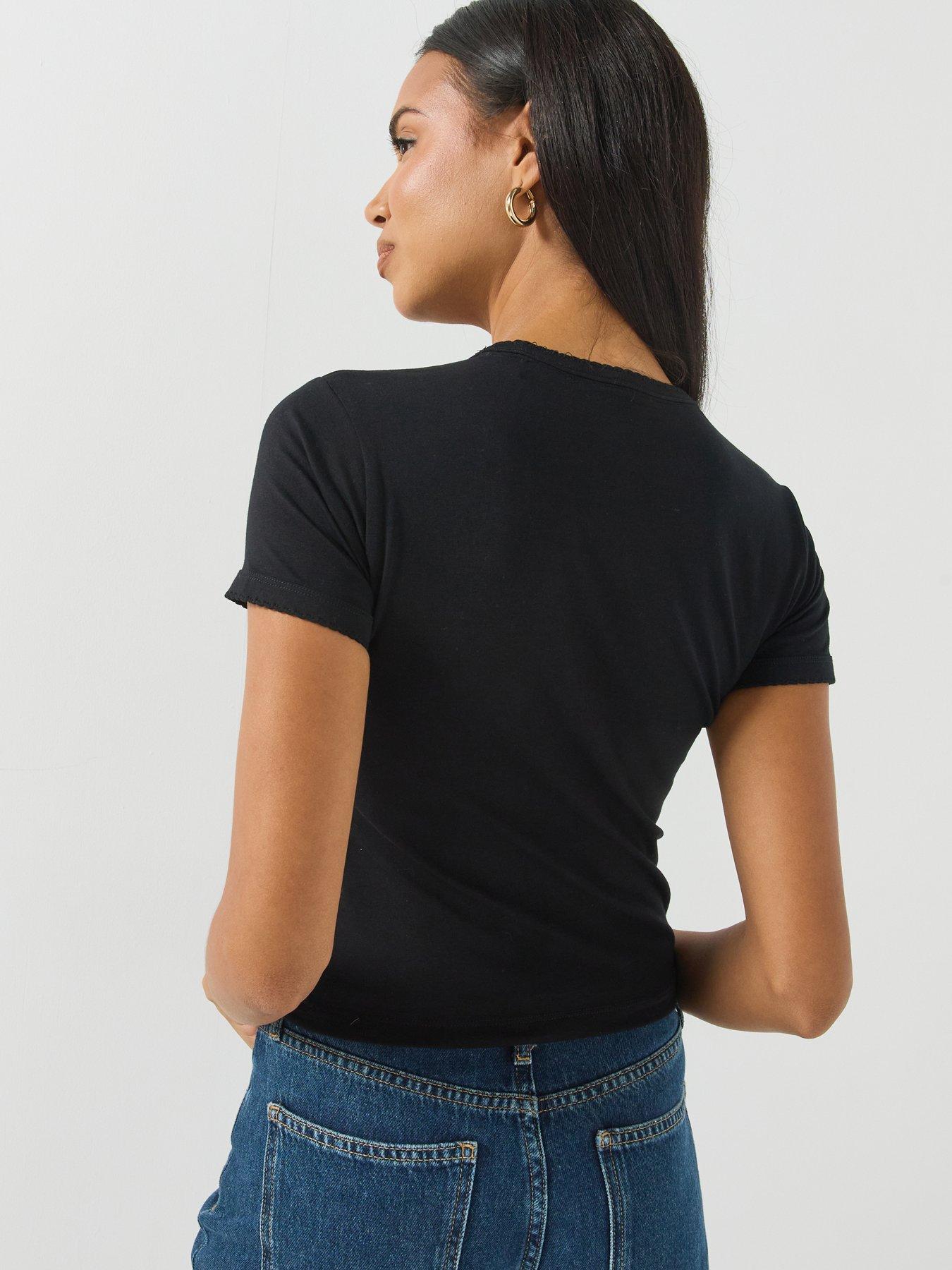 Image 2 of 4 of Guess Jeans Womens Rhinestone Heart Stretch Baby T-Shirt - Black