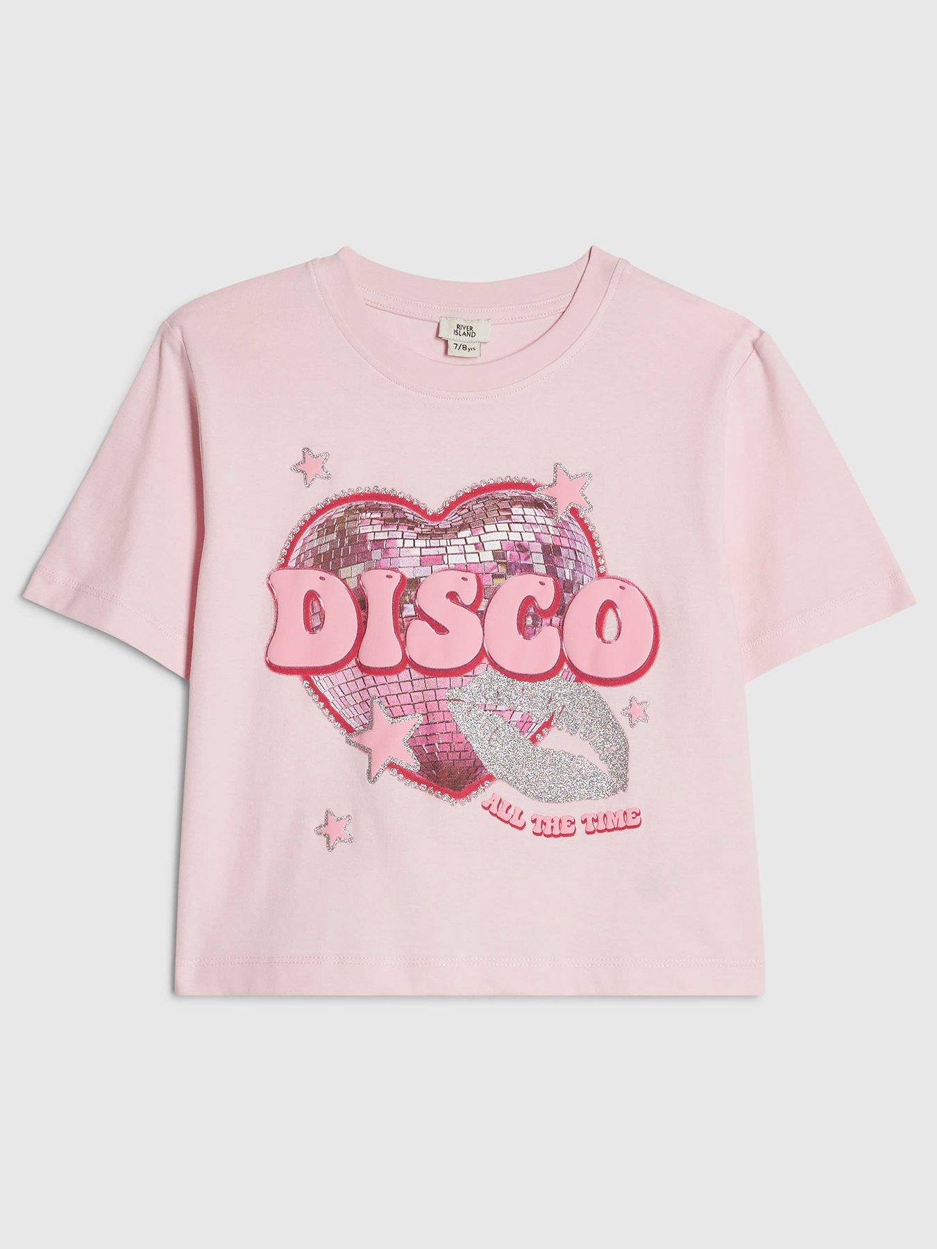 River Island Older Girls Disco All The Time Kiss T-shirt - Pink