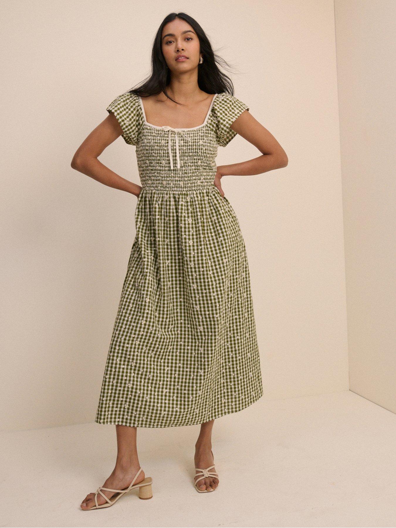 Image 1 of 5 of Nobodys Child Mindy Gingham Print Midi Dress - Green
