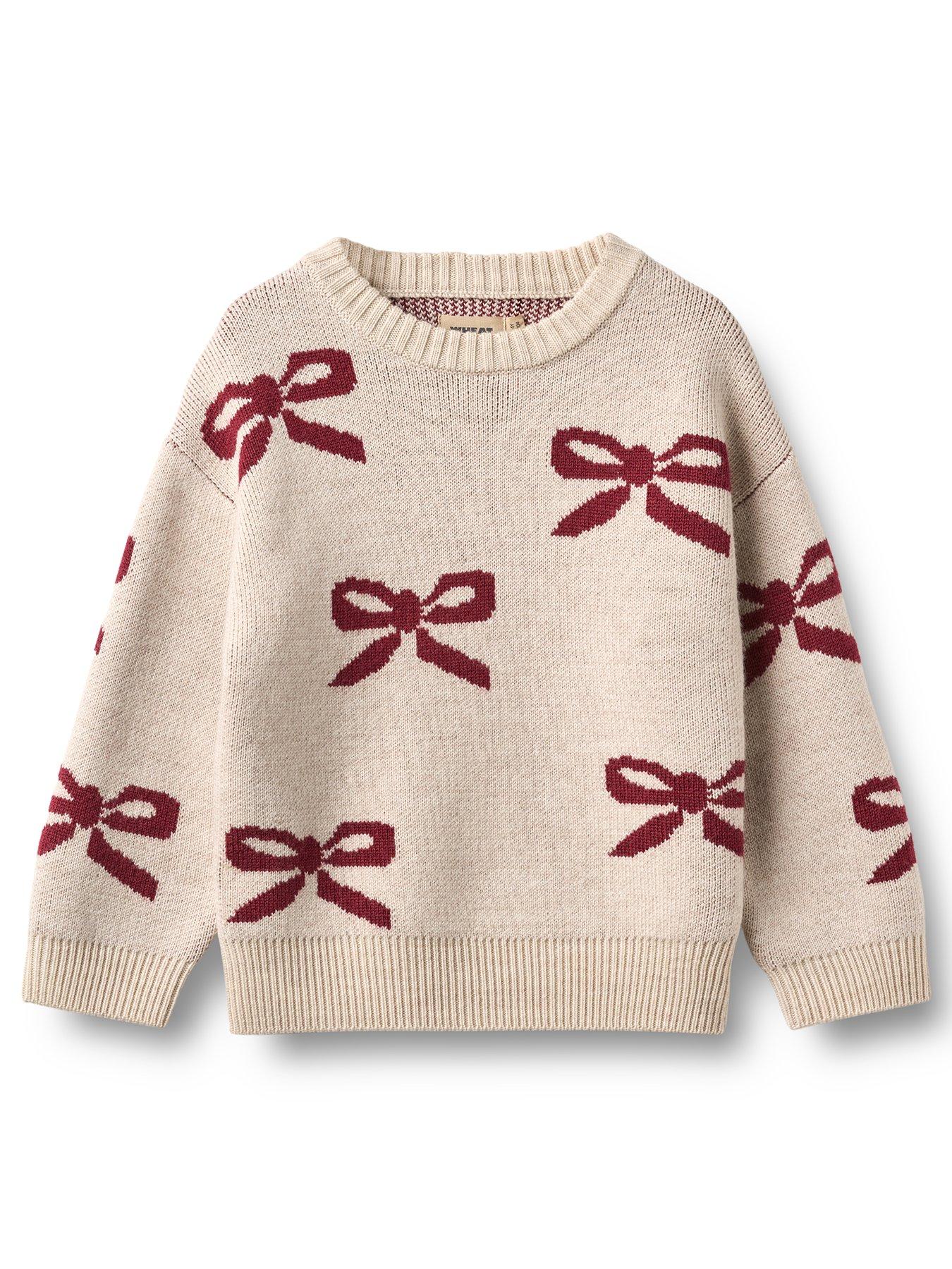 Image 1 of 3 of Wheat Girls Christmas Bow Knitted Wool Jumper - Cream