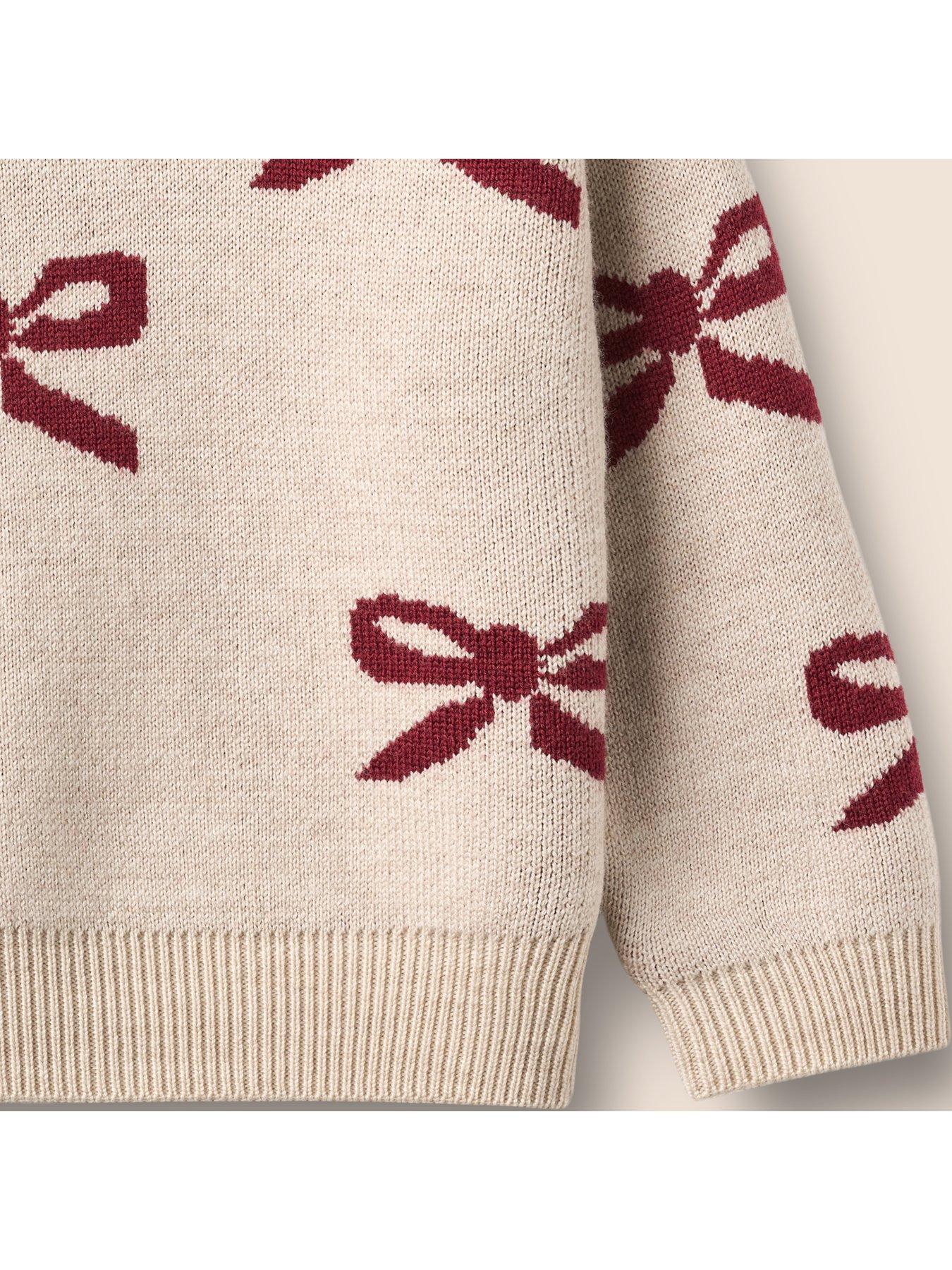 Image 3 of 3 of Wheat Girls Christmas Bow Knitted Wool Jumper - Cream