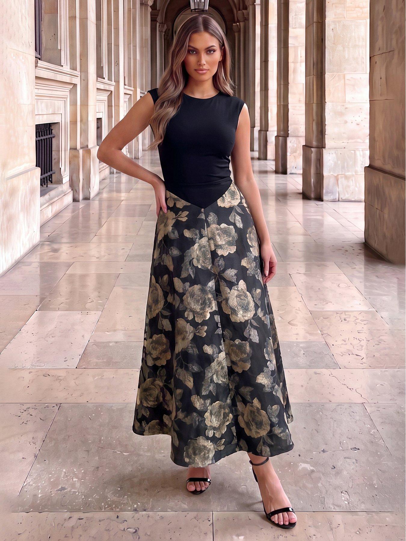 AX Paris Cap Sleeve Floral Jacquard Midi Dress With Full Skirt - Black