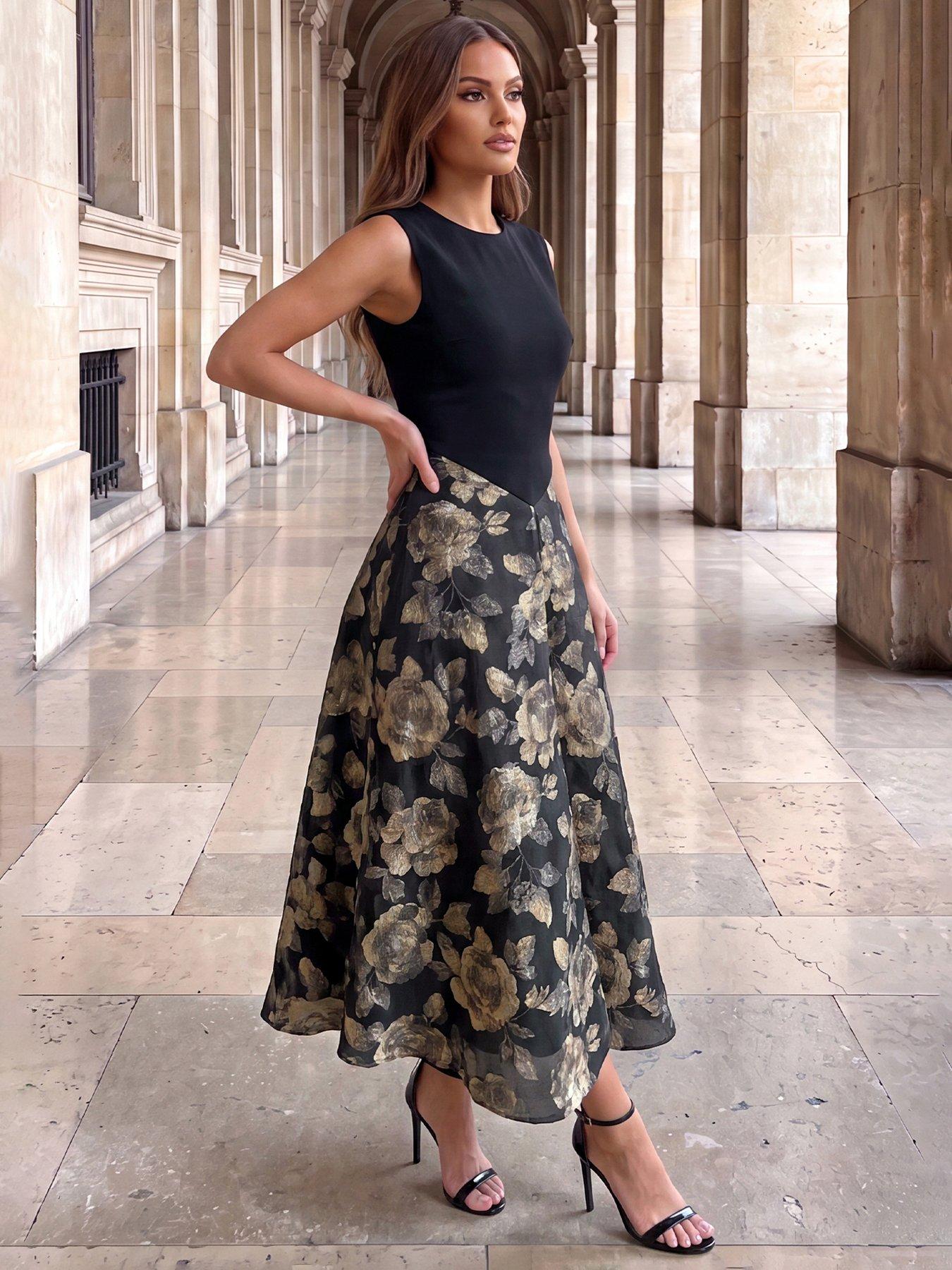 Image 4 of 4 of AX Paris Cap Sleeve Floral Jacquard Midi Dress With Full Skirt - Black
