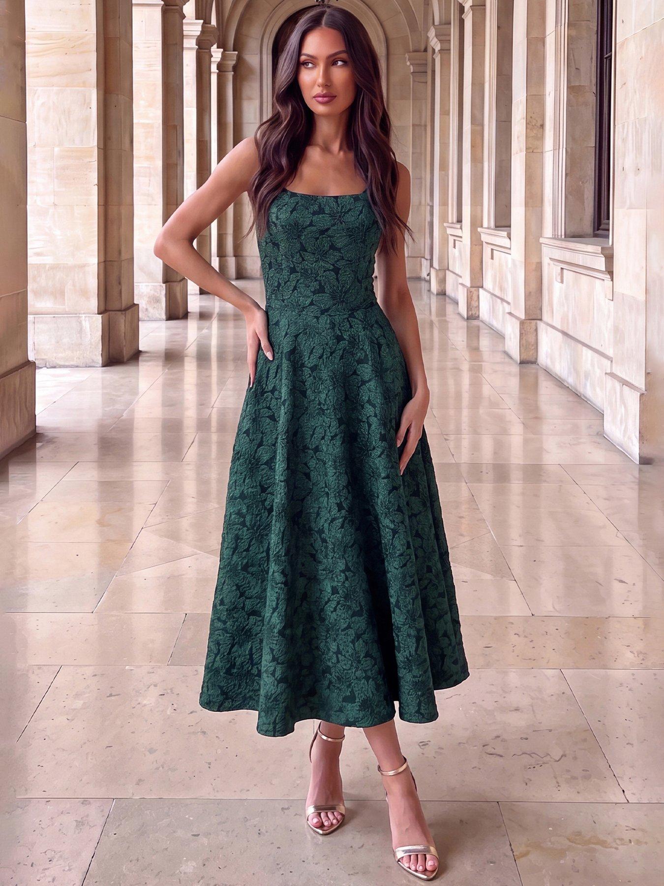 AX Paris Green Floral Jacquard Square Neck A-line Midi Dress