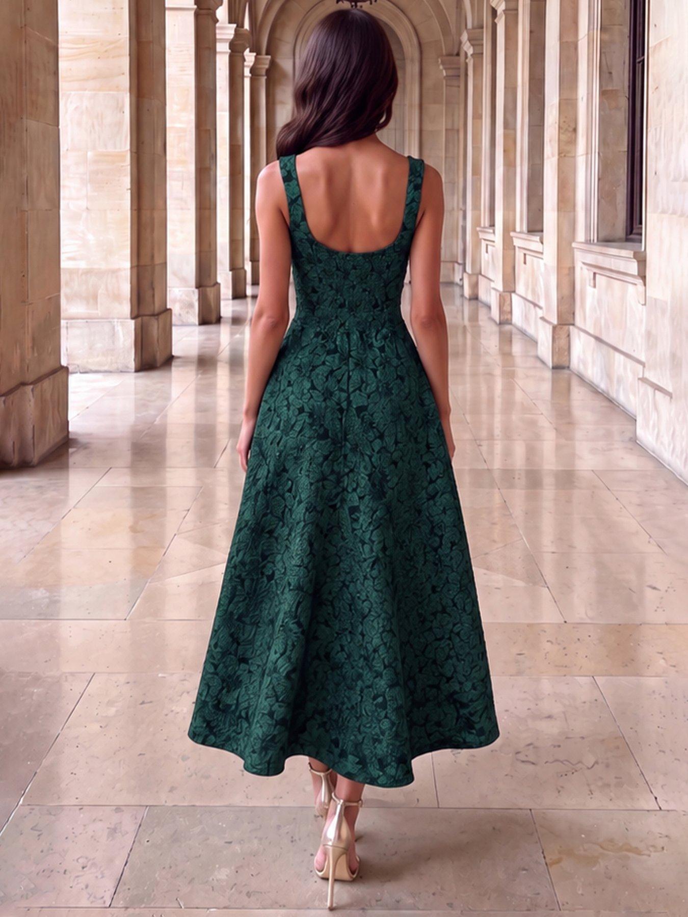 Image 2 of 4 of AX Paris Womens Floral Jacquard Square Neck A-Line Midi Dress - Green