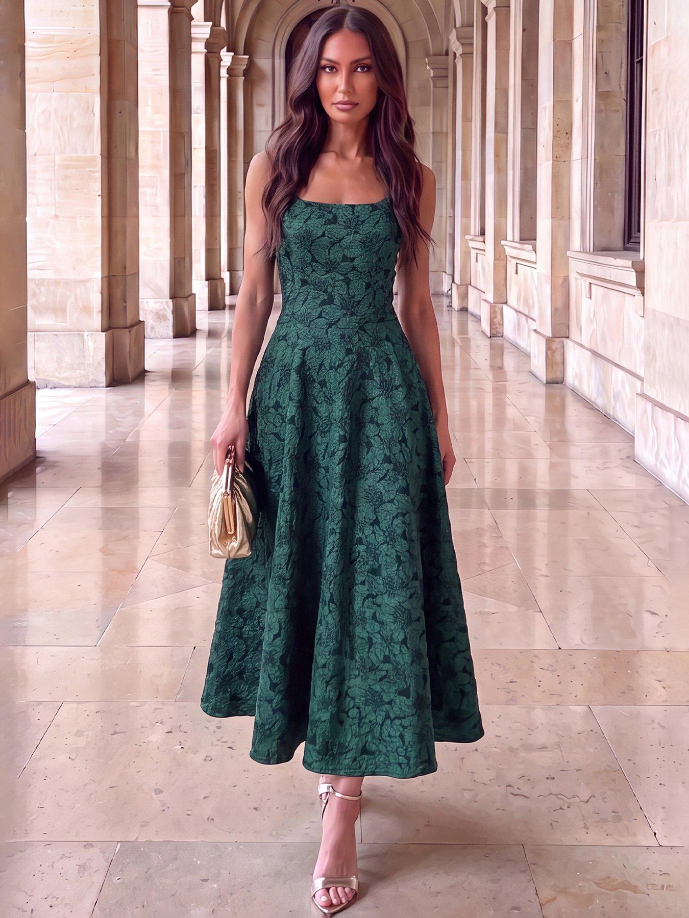 Image 3 of 4 of AX Paris Womens Floral Jacquard Square Neck A-Line Midi Dress - Green