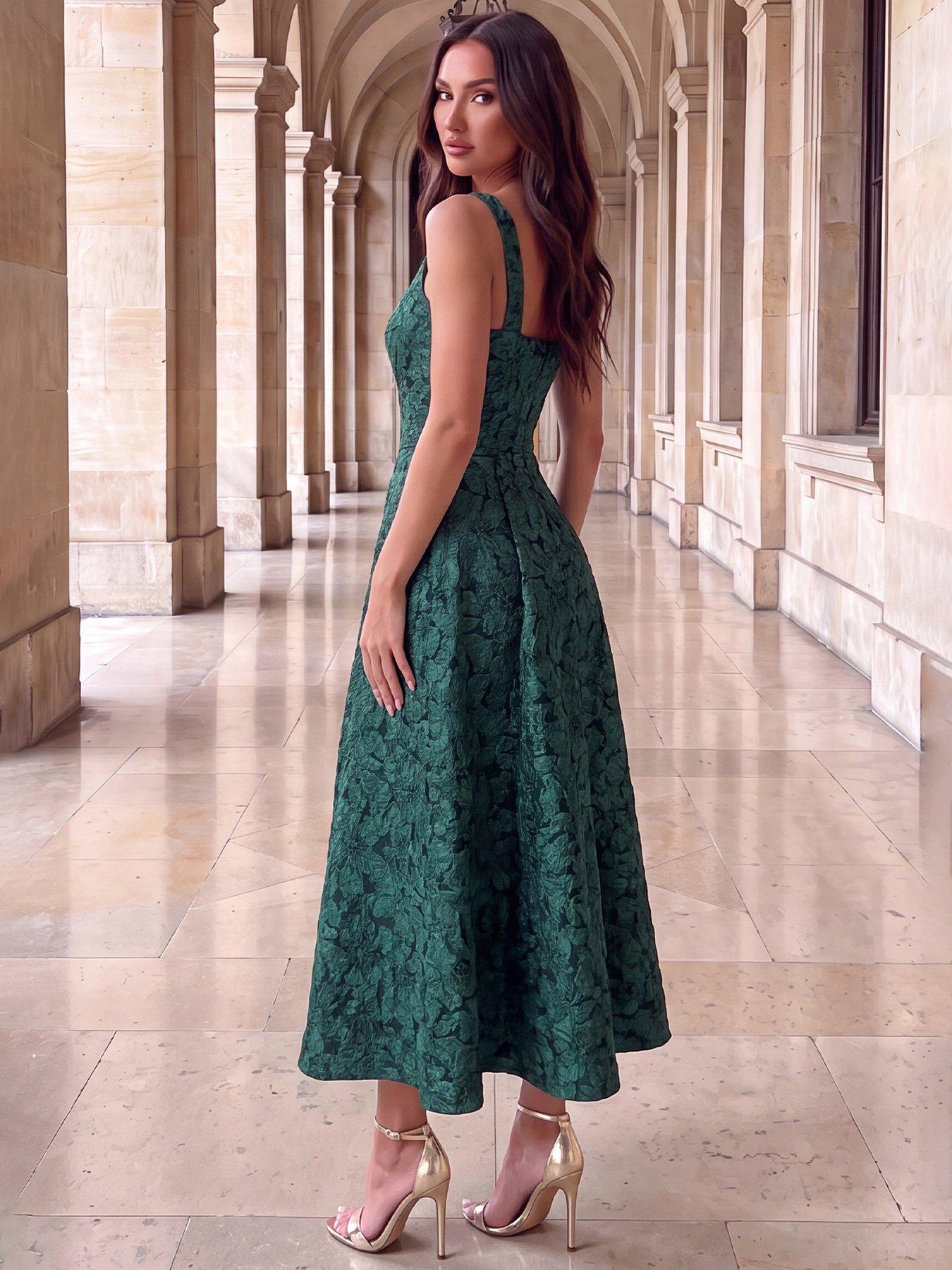 Image 4 of 4 of AX Paris Womens Floral Jacquard Square Neck A-Line Midi Dress - Green