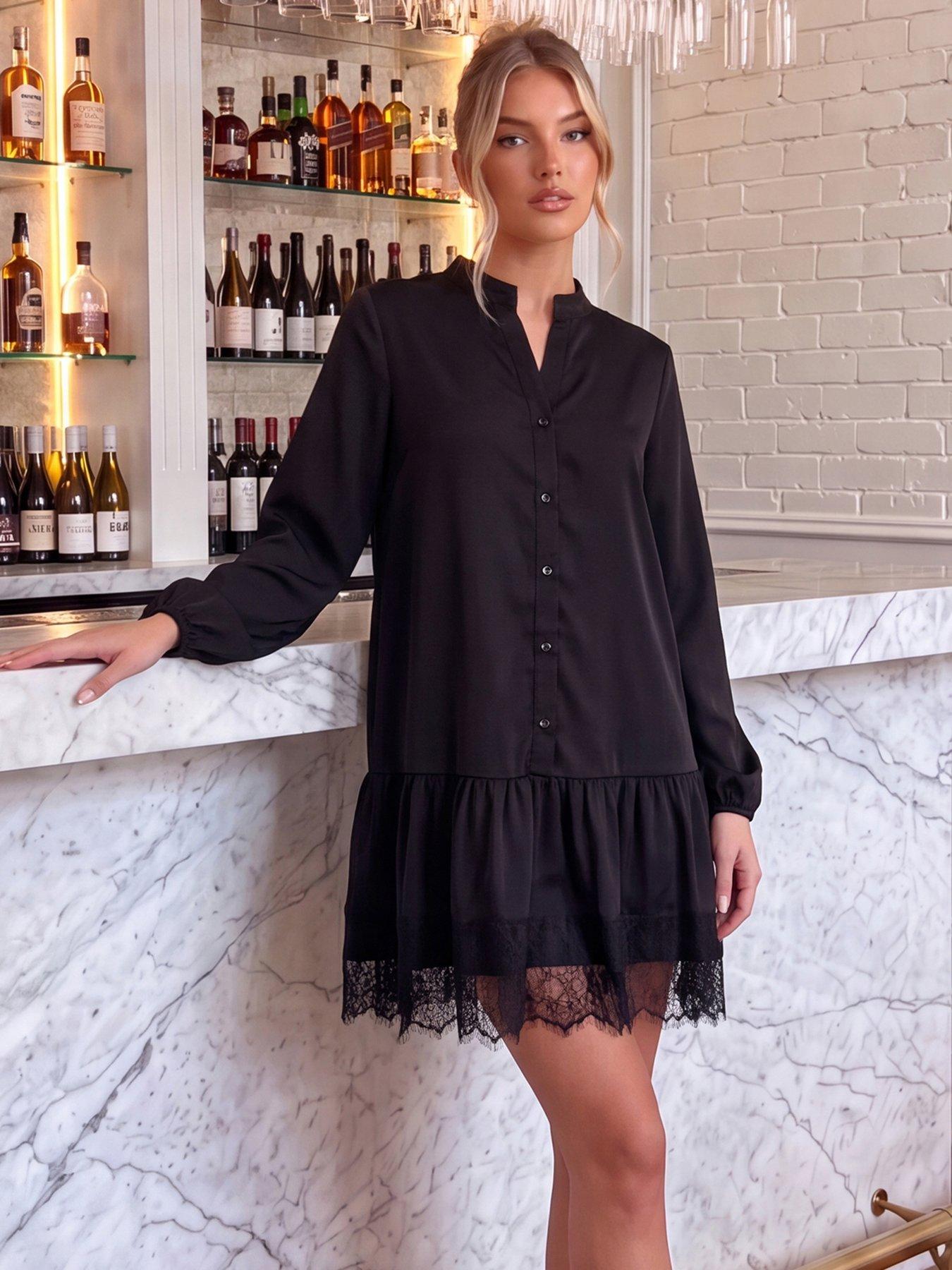 Image 3 of 4 of AX Paris Womens Button-Front Lace Trim Smock Dress - Black