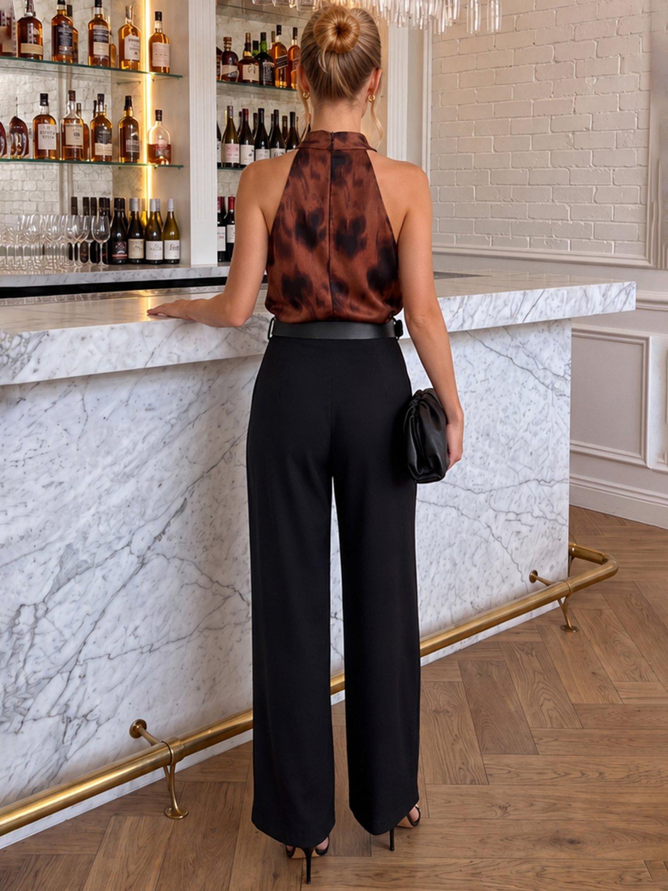 Image 2 of 4 of AX Paris Brown Smudge Print High Neck Belted Wide-Leg Jumpsuit
