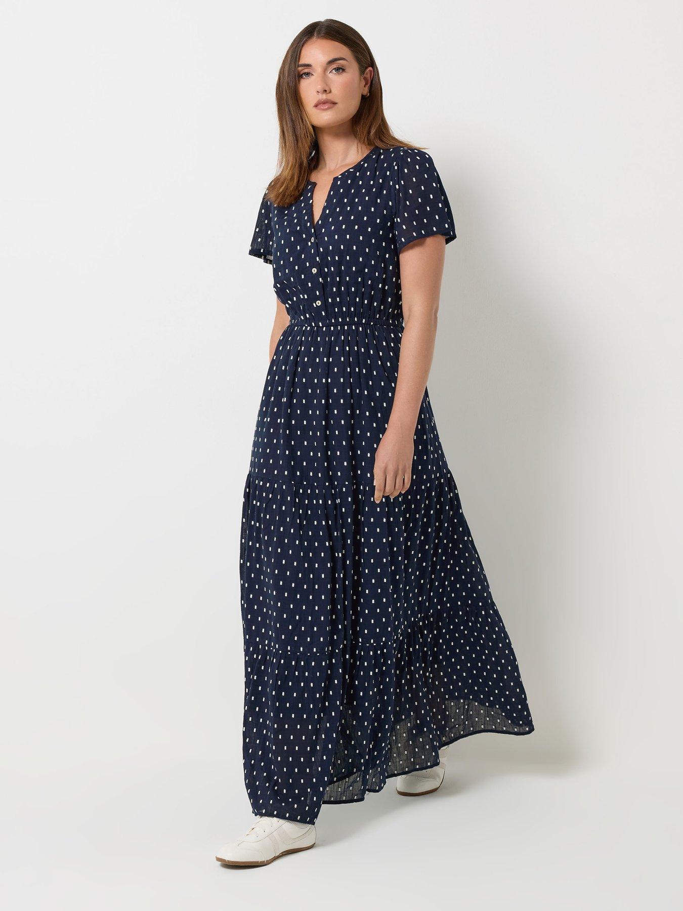Long Tall Sally LTS Tall Dobby Spot Tiered Maxi Dress - Navy Blue