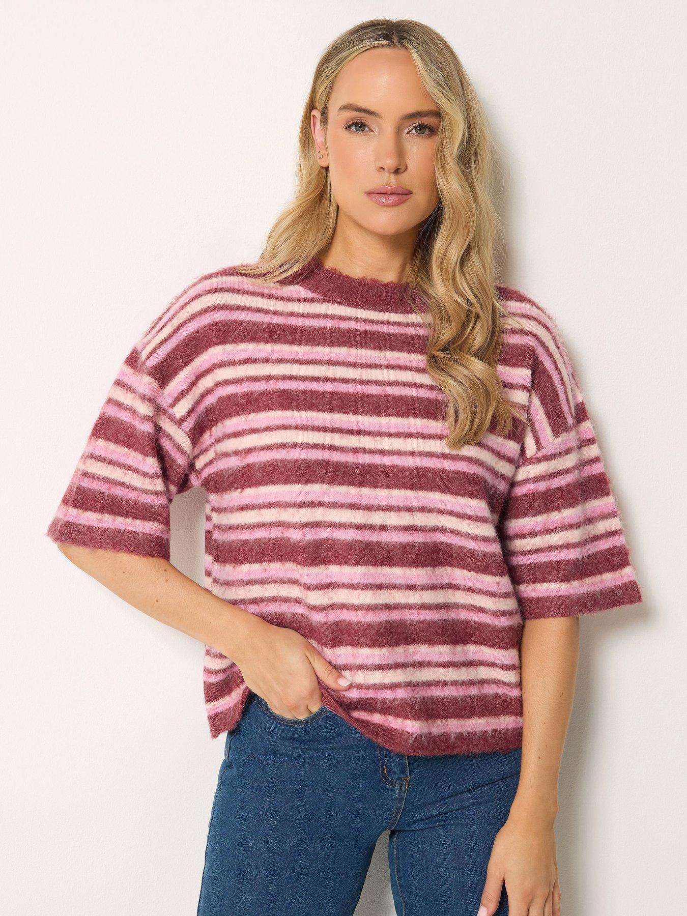 Long Tall Sally Short Sleeve Stripe Fluffy Jumper - Pink