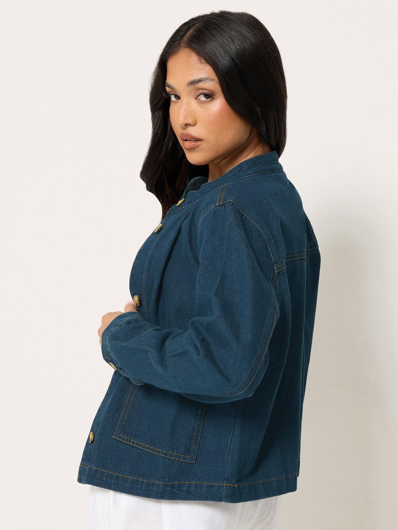 Image 2 of 4 of PixieGirl Petite Collarless Denim Jacket - Blue