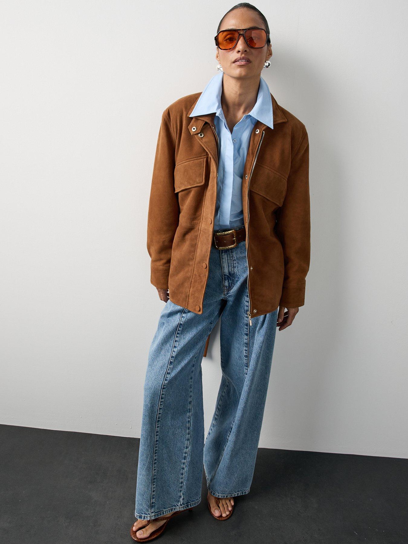 Image 2 of 7 of Michelle Keegan Suede Funnel Neck Belted Jacket - Brown