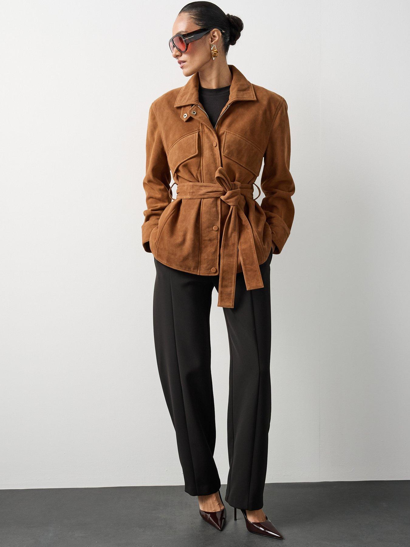 Image 3 of 7 of Michelle Keegan Suede Funnel Neck Belted Jacket - Brown