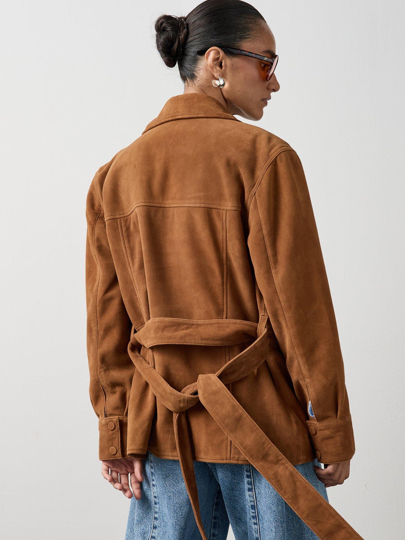 Image 4 of 7 of Michelle Keegan Suede Funnel Neck Belted Jacket - Brown