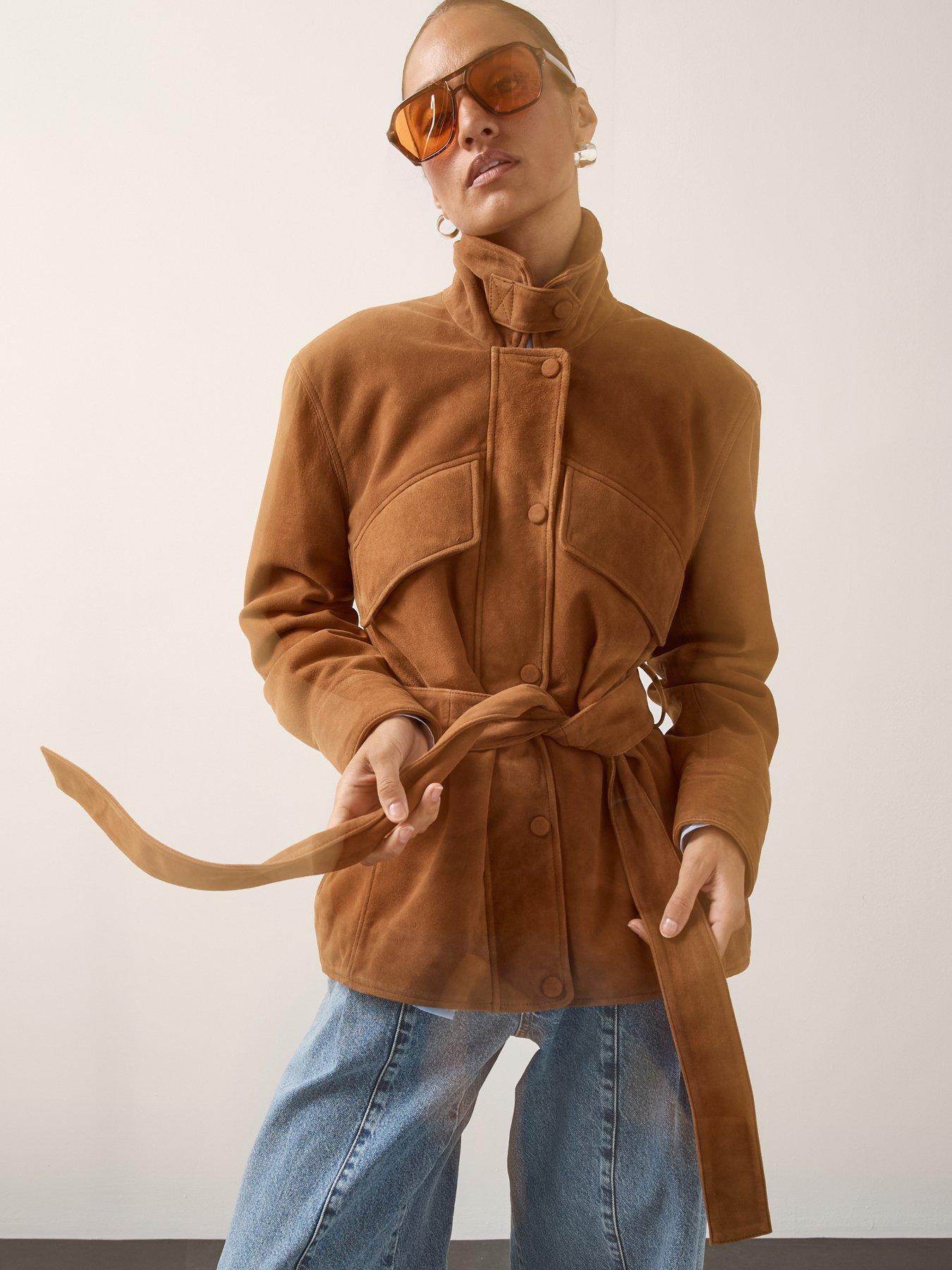 Image 5 of 7 of Michelle Keegan Suede Funnel Neck Belted Jacket - Brown