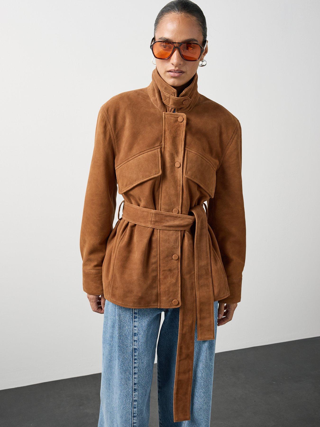 Image 6 of 7 of Michelle Keegan Suede Funnel Neck Belted Jacket - Brown