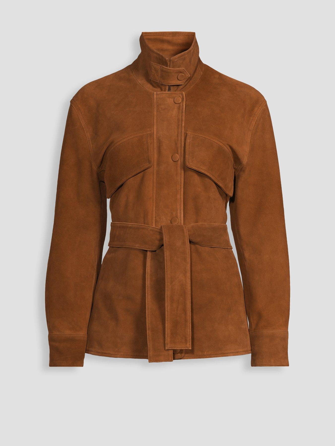Image 7 of 7 of Michelle Keegan Suede Funnel Neck Belted Jacket - Brown