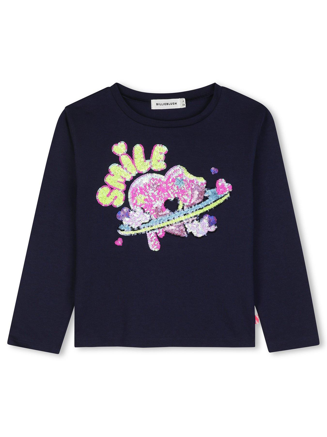 Image 1 of 3 of Billieblush Girls Sequin Smiley Graphic Long Sleeve T-Shirt - Navy