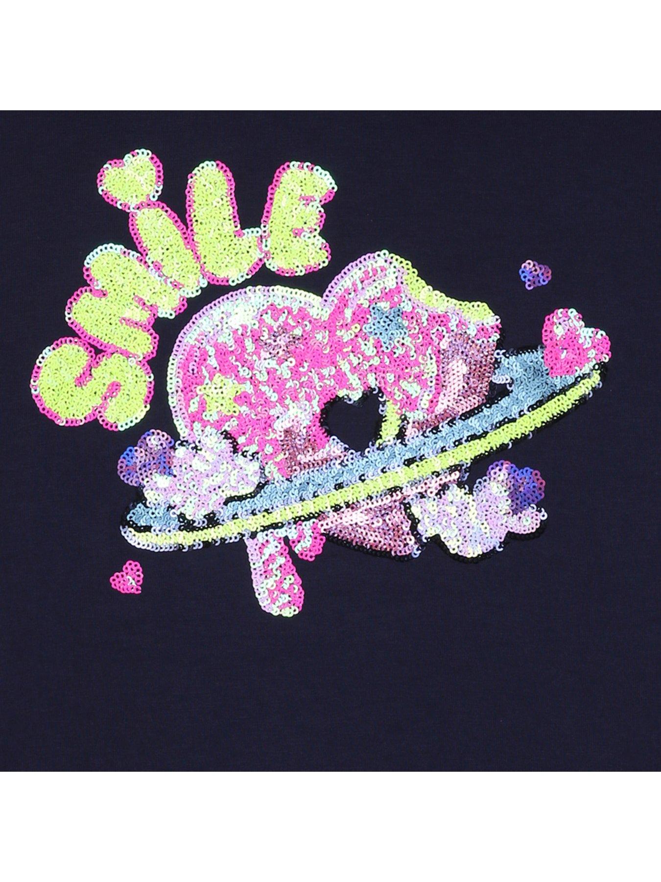 Image 3 of 3 of Billieblush Girls Sequin Smiley Graphic Long Sleeve T-Shirt - Navy