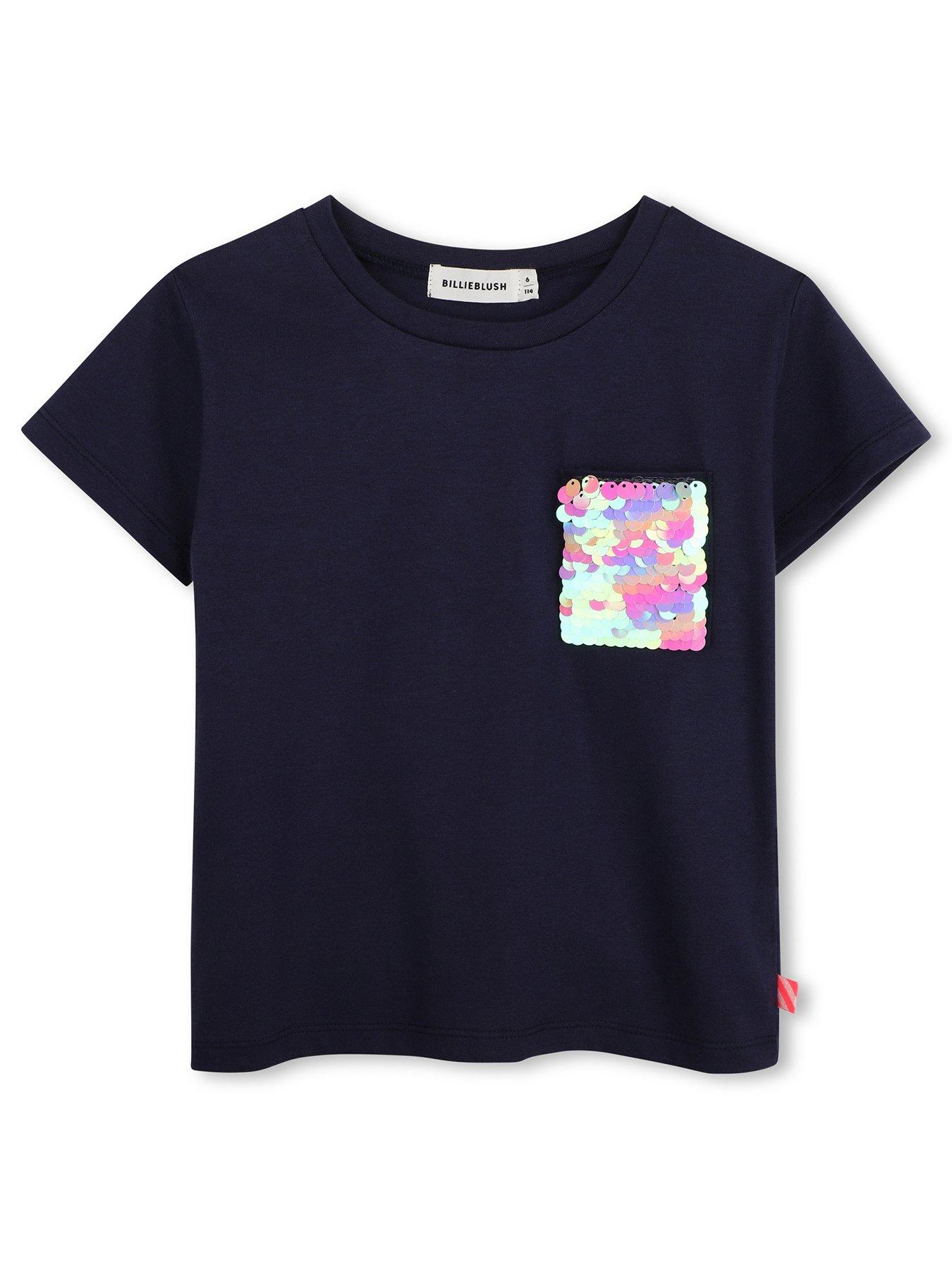 Image 1 of 3 of Billieblush Girls Sequin Pocket Cotton T-Shirt - Navy