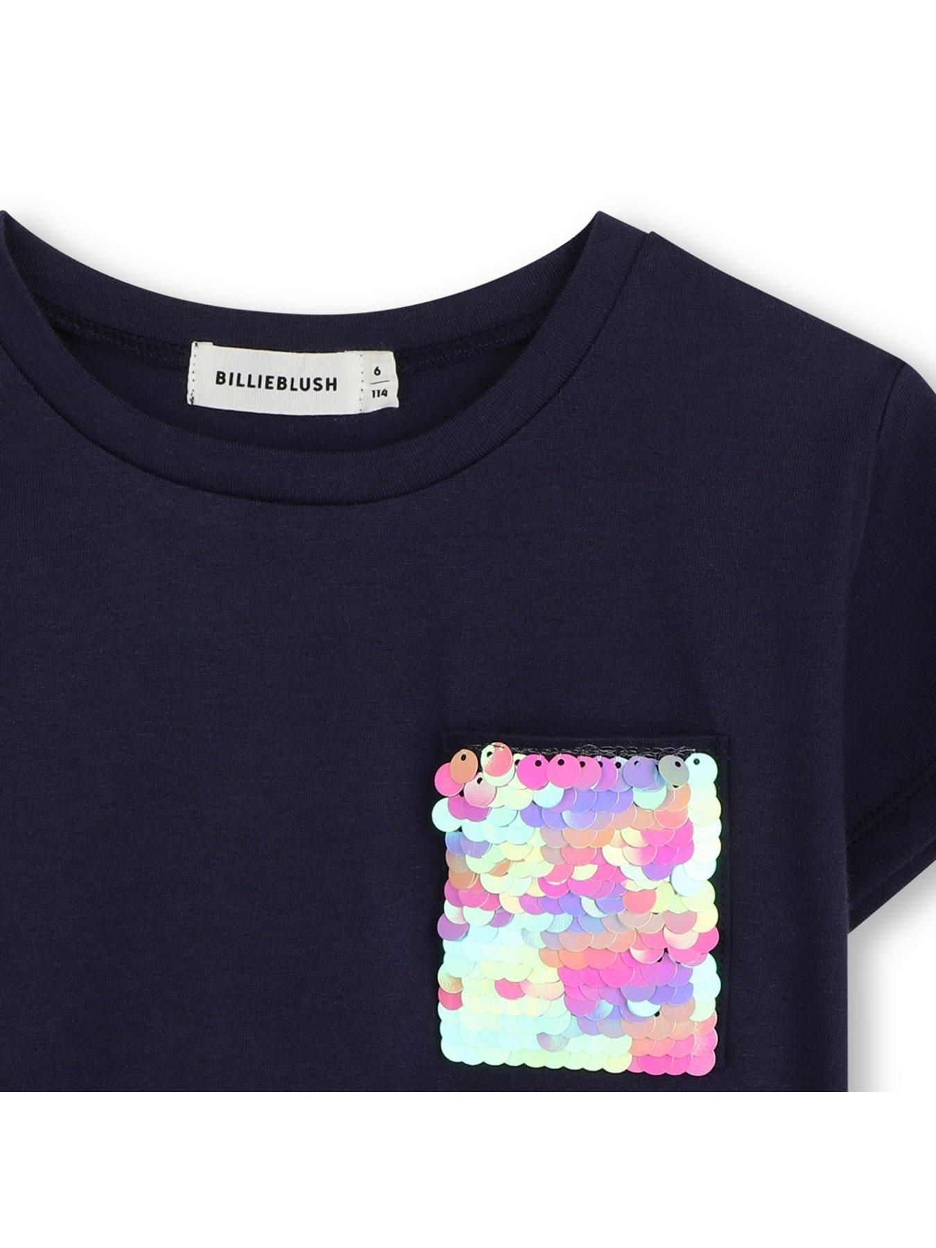 Image 3 of 3 of Billieblush Girls Sequin Pocket Cotton T-Shirt - Navy