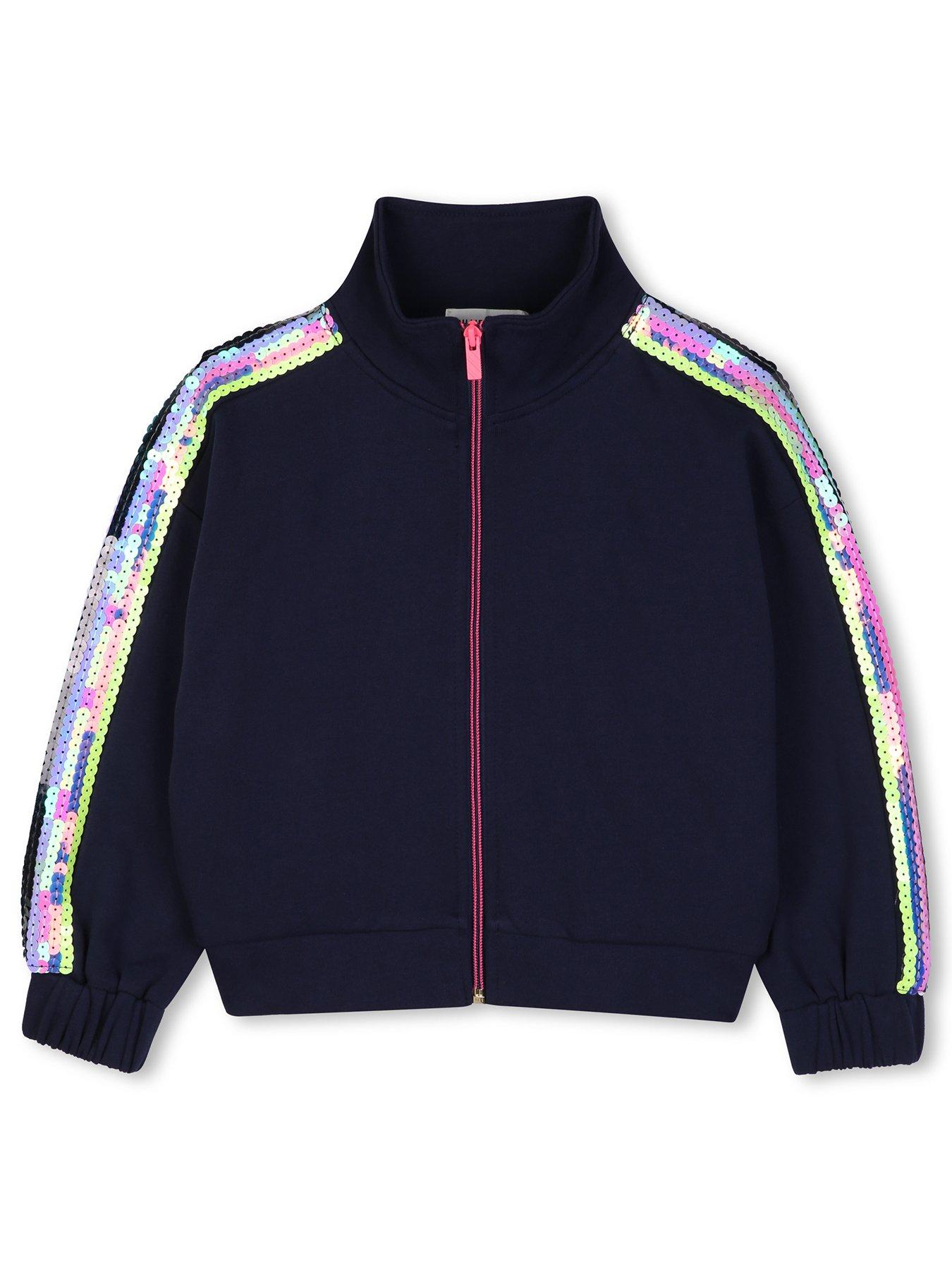 Image 2 of 4 of Billieblush Girls Sequin Stripe Zip Through Sweatshirt - Navy