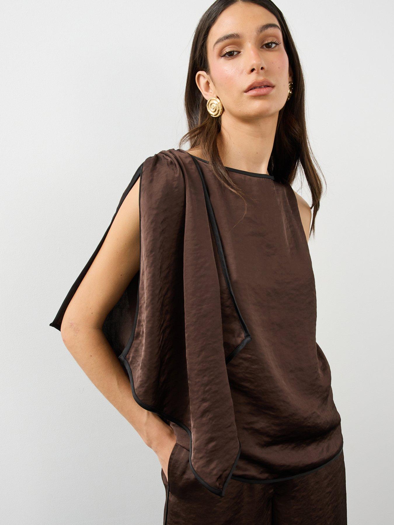 Image 1 of 6 of The Very Collection Womens Side Stripe Slash Neck Satin Top - Brown
