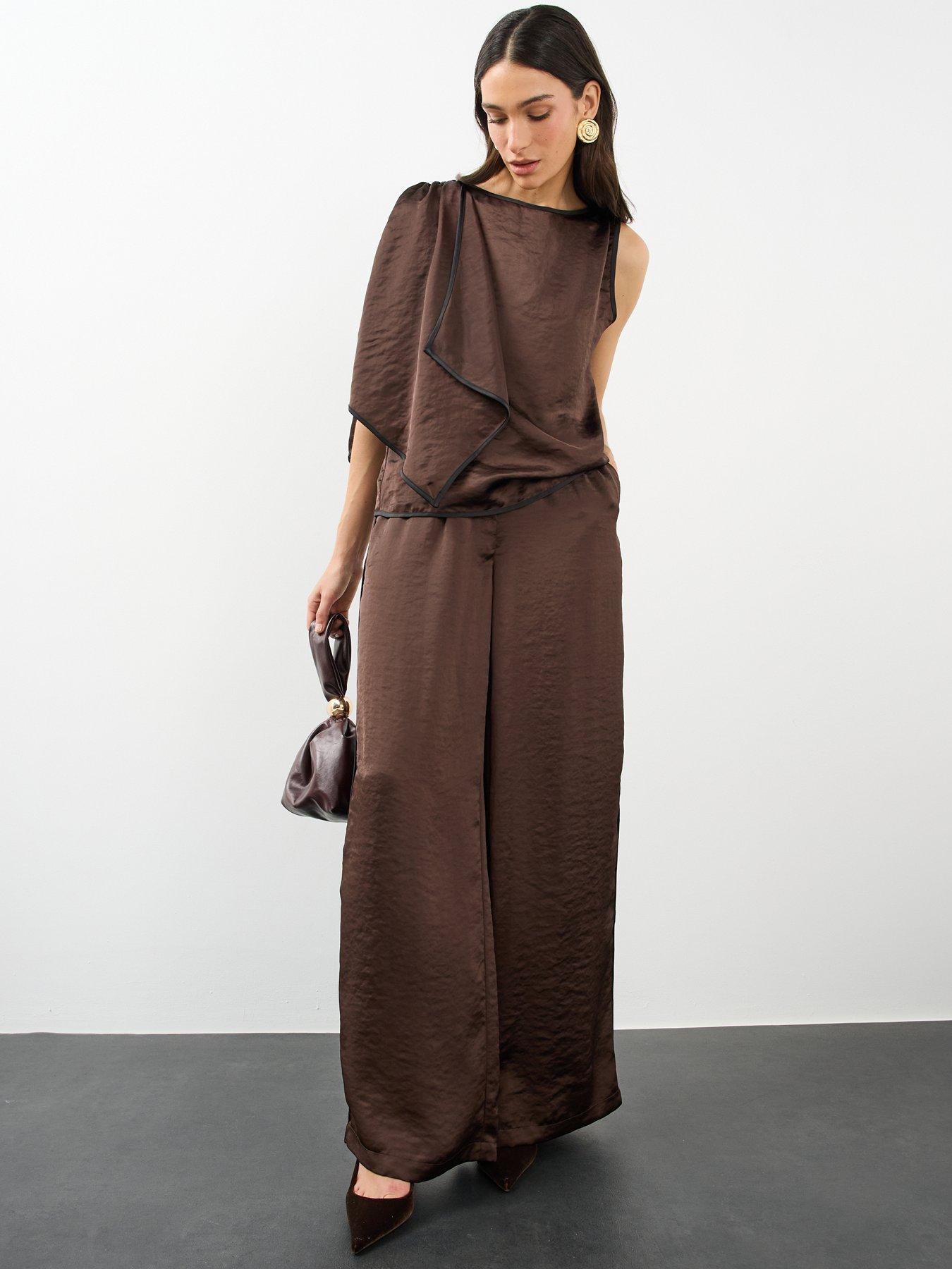 Image 3 of 6 of The Very Collection Womens Side Stripe Slash Neck Satin Top - Brown
