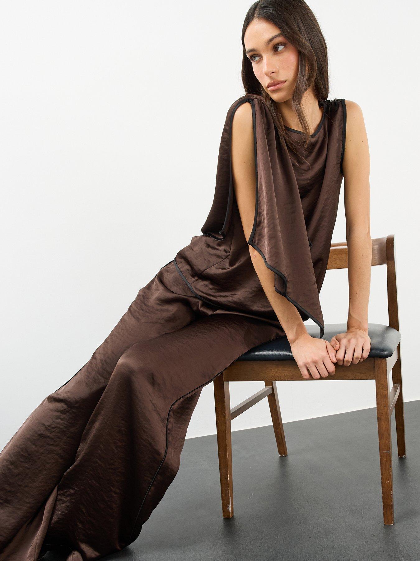 Image 4 of 6 of The Very Collection Womens Side Stripe Slash Neck Satin Top - Brown