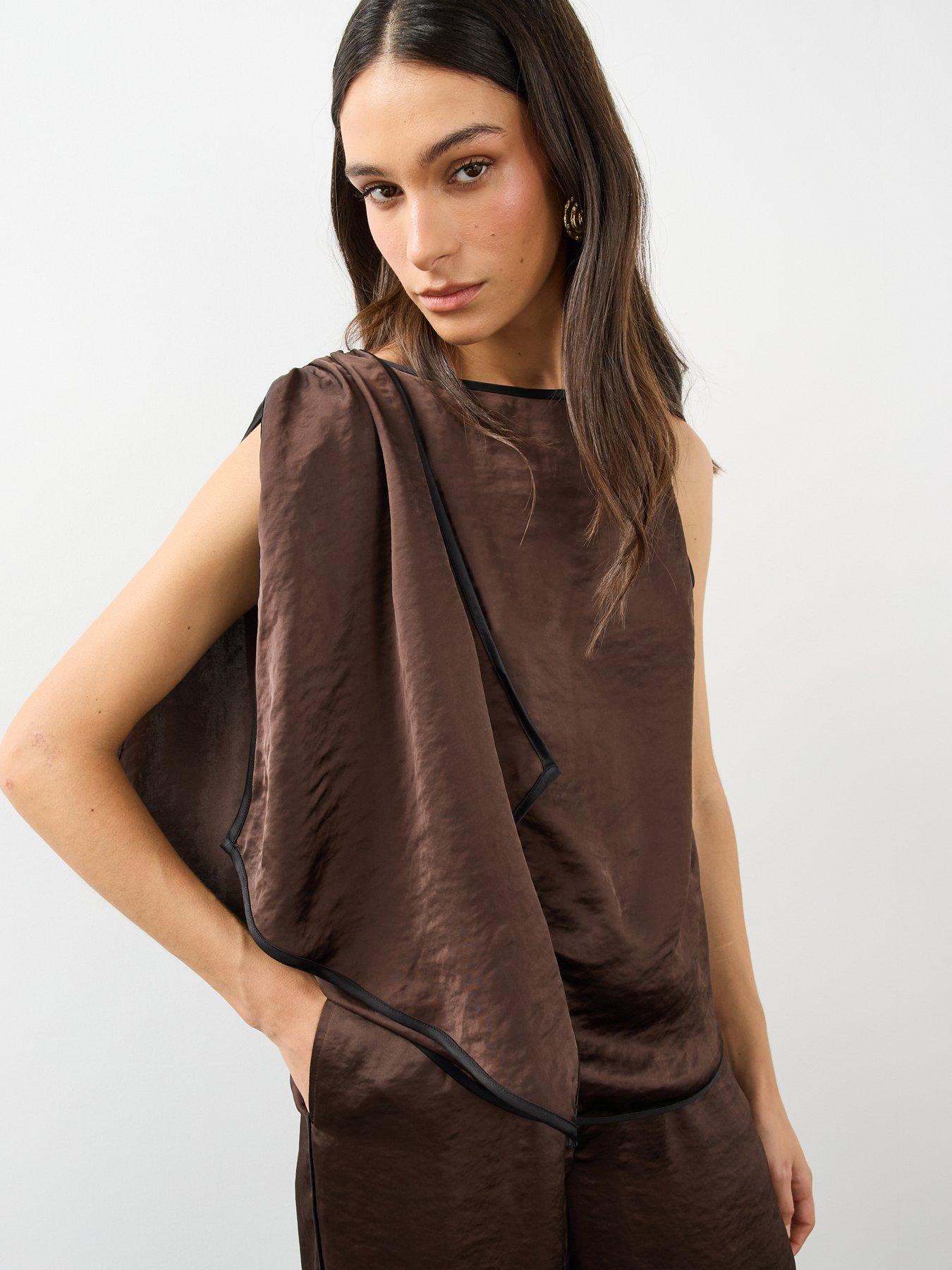 Image 5 of 6 of The Very Collection Womens Side Stripe Slash Neck Satin Top - Brown