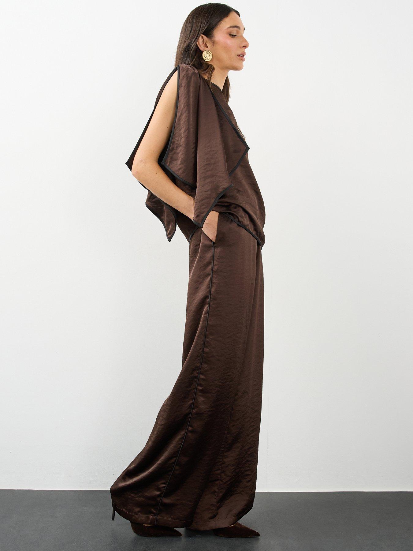Image 6 of 6 of The Very Collection Womens Side Stripe Slash Neck Satin Top - Brown