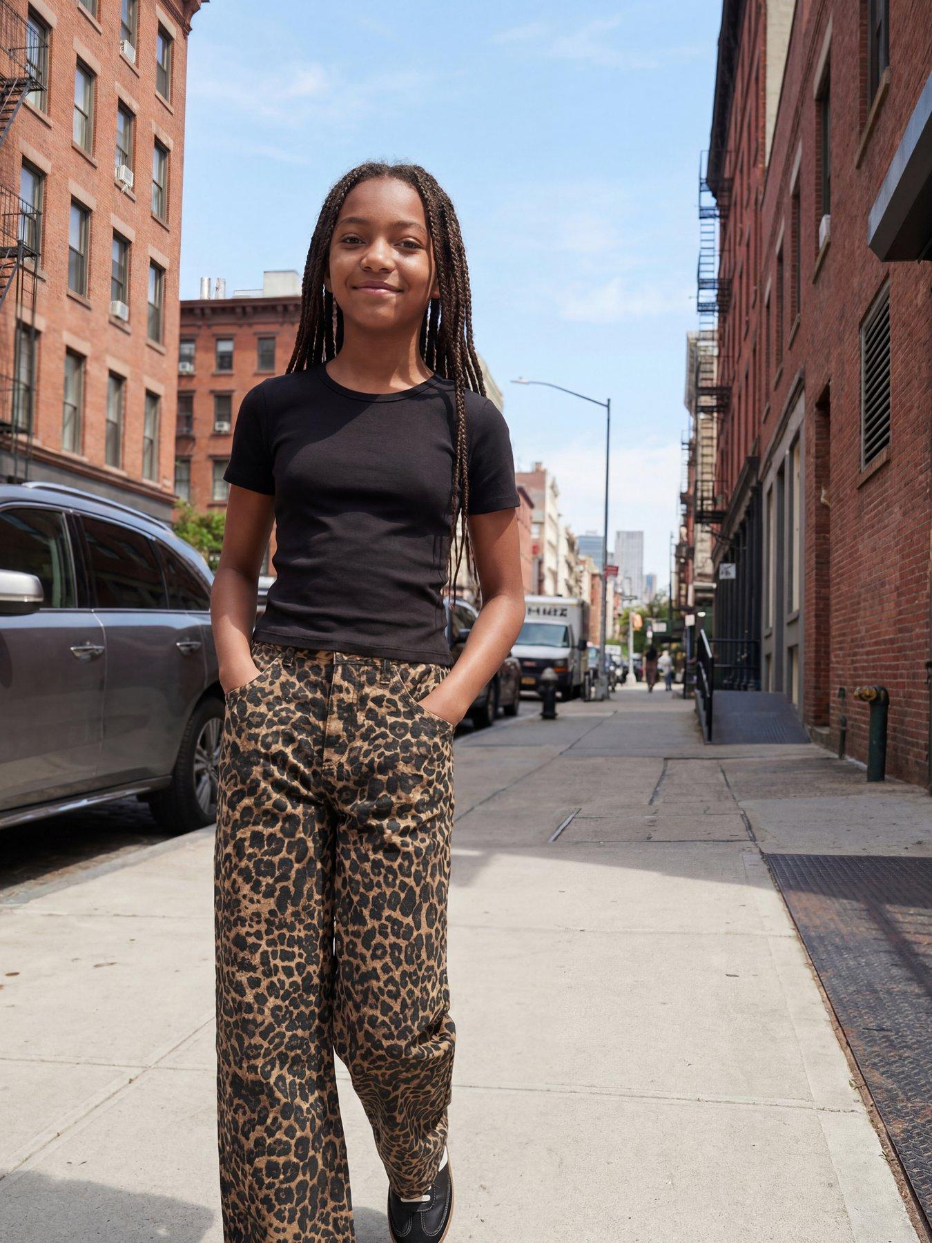 JJXX Girl Girls Sarah High Waisted Leopard Print Wide Leg Trousers - Brown