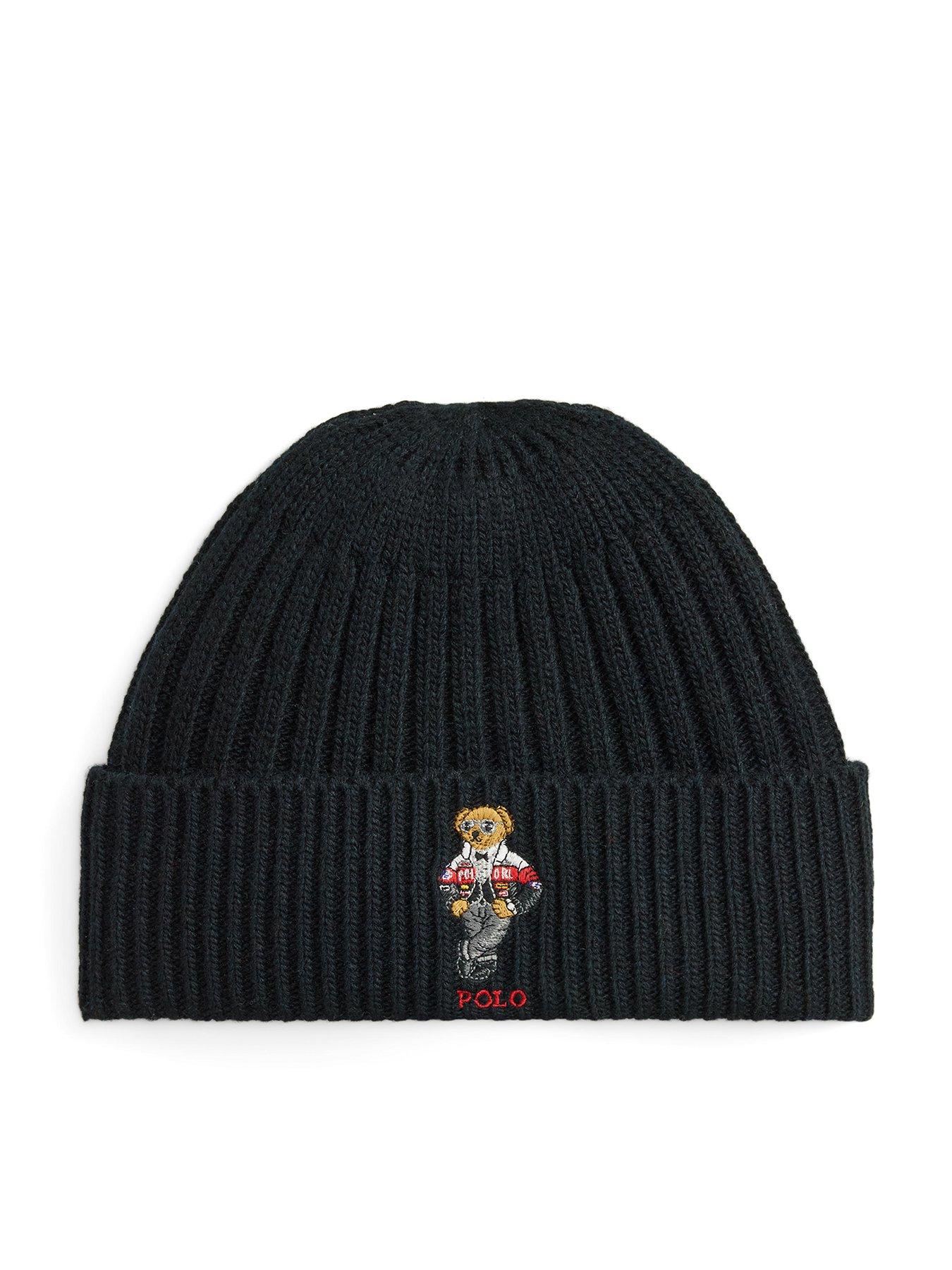 Image 1 of 2 of Polo Ralph Lauren Mens Polo Bear Rib-Knit Turn-Up Beanie Hat - Black