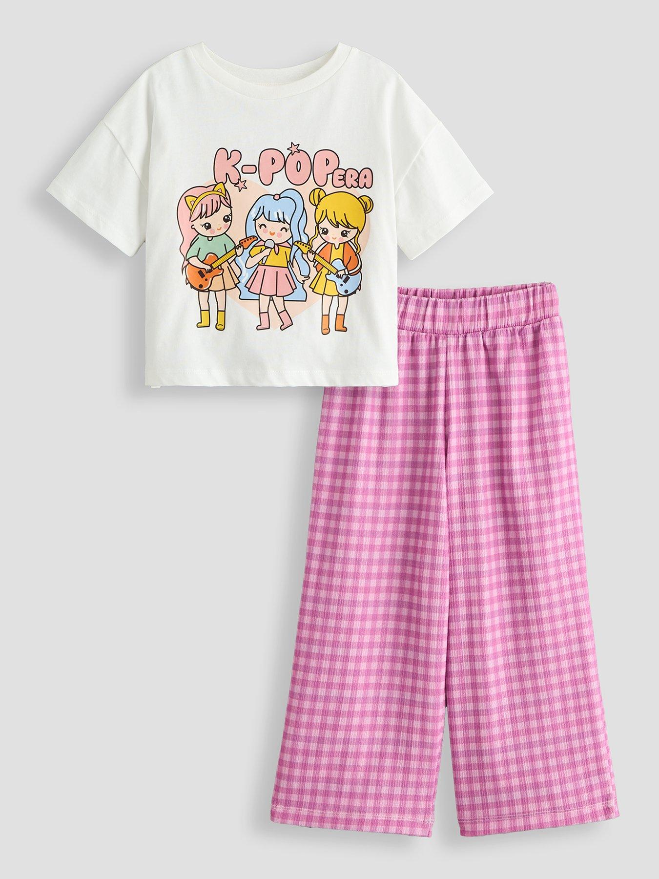 Image 1 of 4 of The Very Collection Girls K-pop Graphic T-shirt And Gingham Trouser Set - Multi