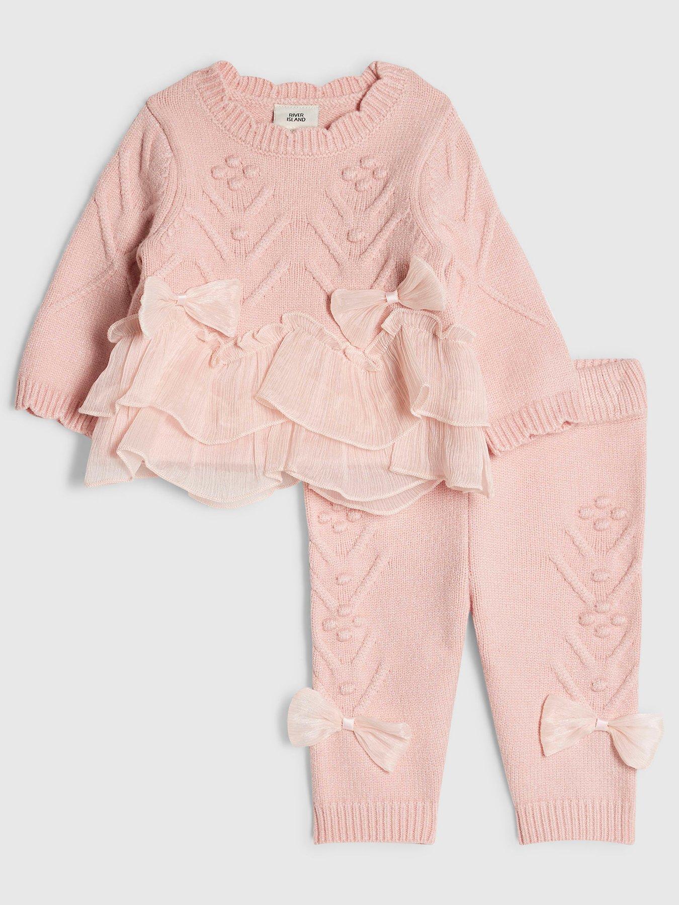 Image 1 of 5 of River Island Baby Baby Bow Tulle Knit Jumper Set - Pink