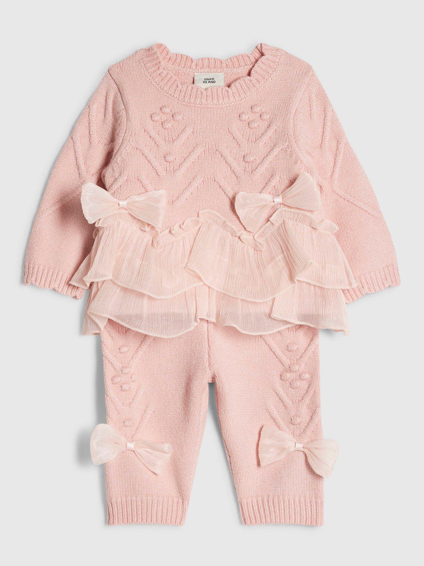 Image 3 of 5 of River Island Baby Baby Bow Tulle Knit Jumper Set - Pink
