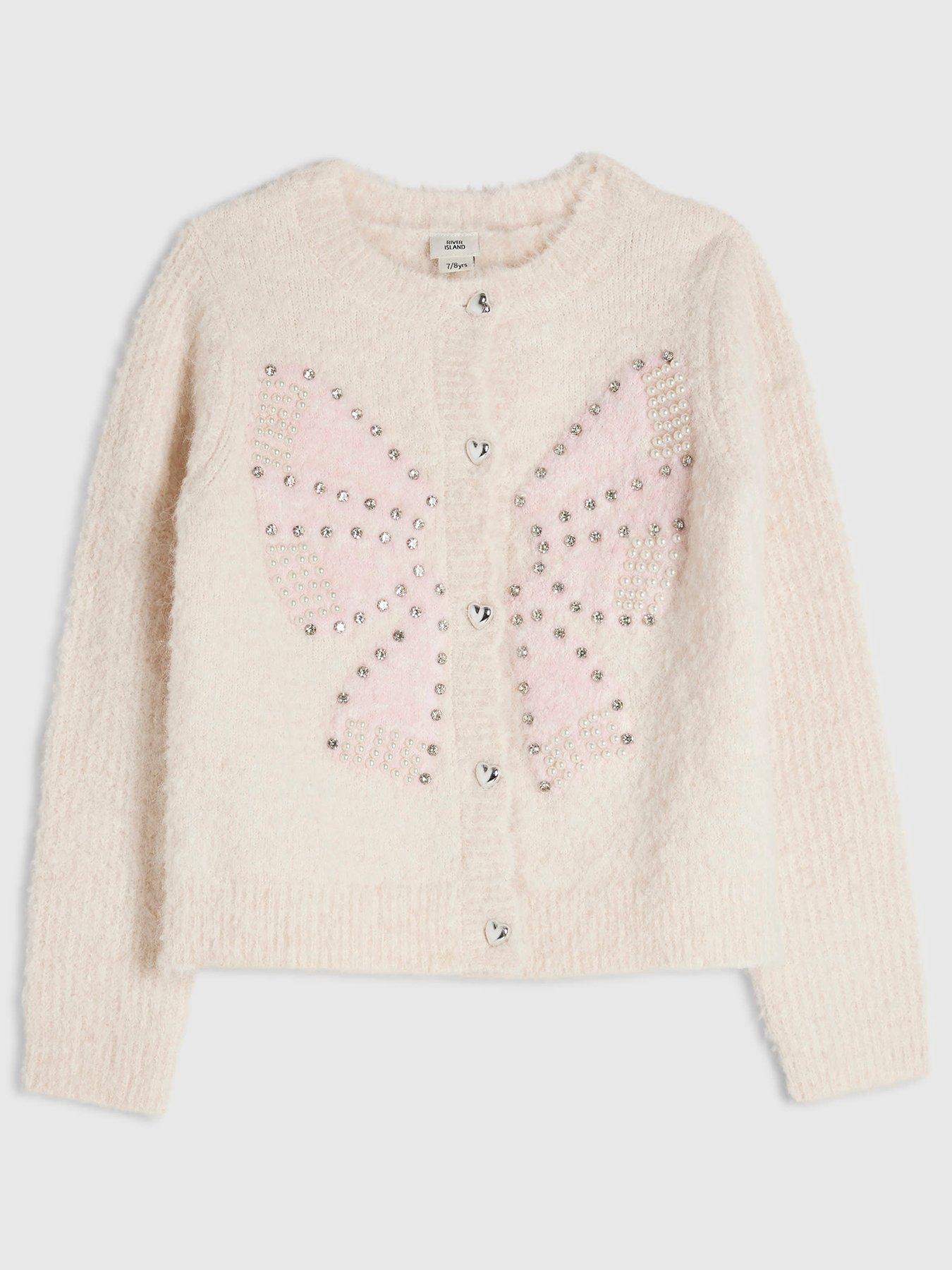 River Island Girls 3D Bow Embellished Soft Knit Cardigan - Cream