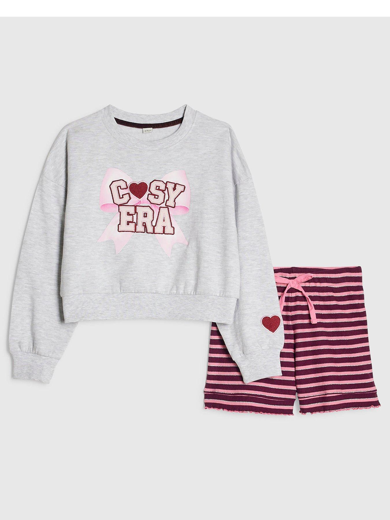 River Island Girls Cosy Era Bow Applique Ribbed Stripe Pyjamas - Grey