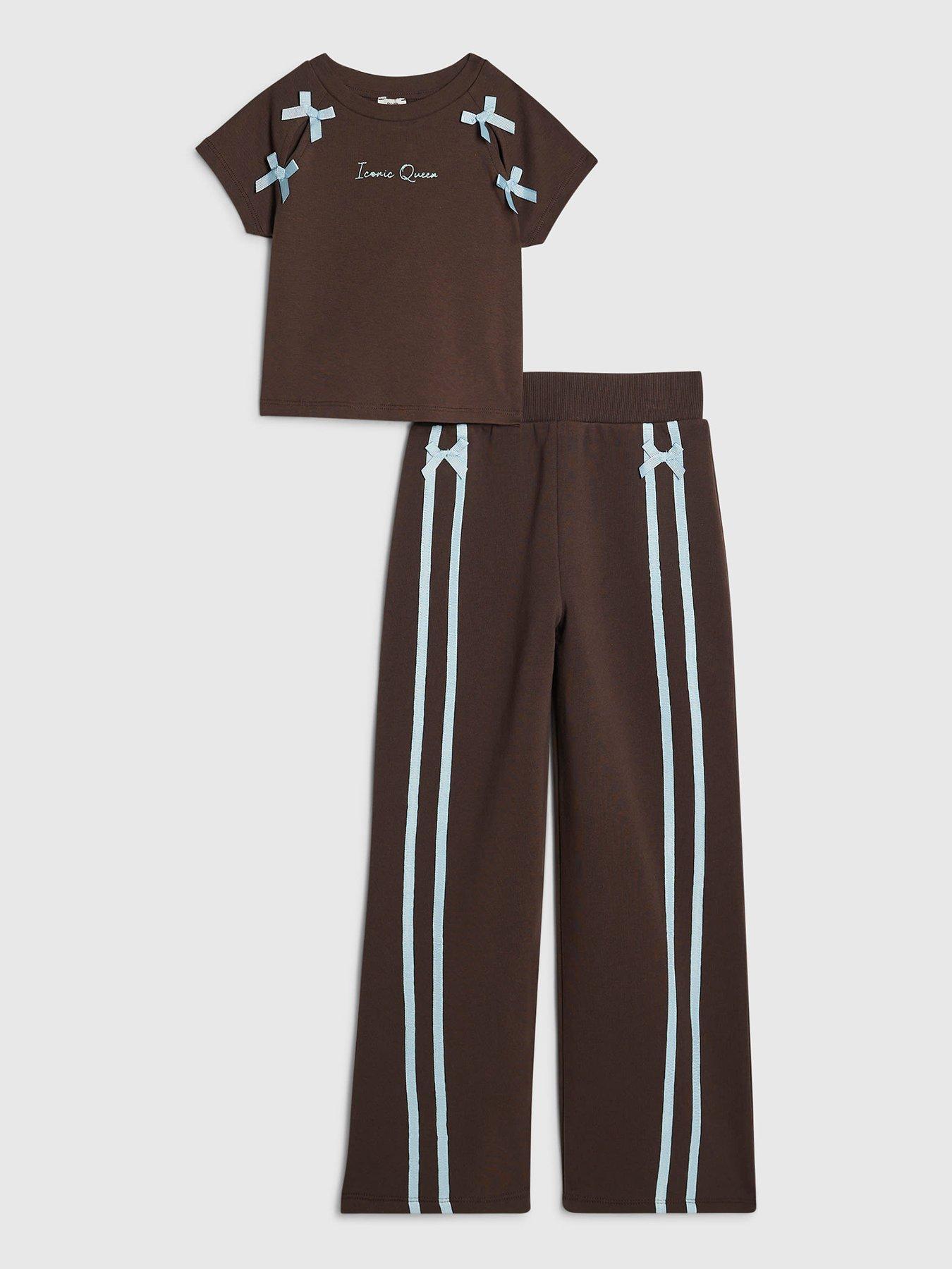 Image 1 of 5 of River Island Girls Bow Taped Wide Leg Joggers Set - Brown