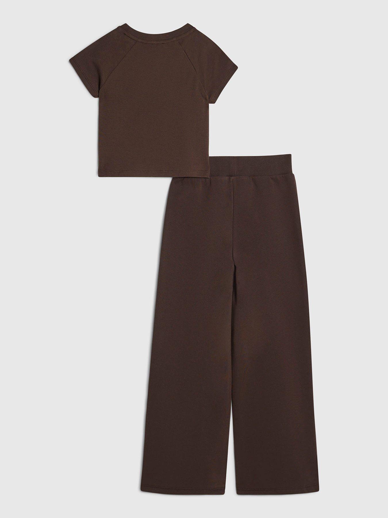 Image 2 of 5 of River Island Girls Bow Taped Wide Leg Joggers Set - Brown