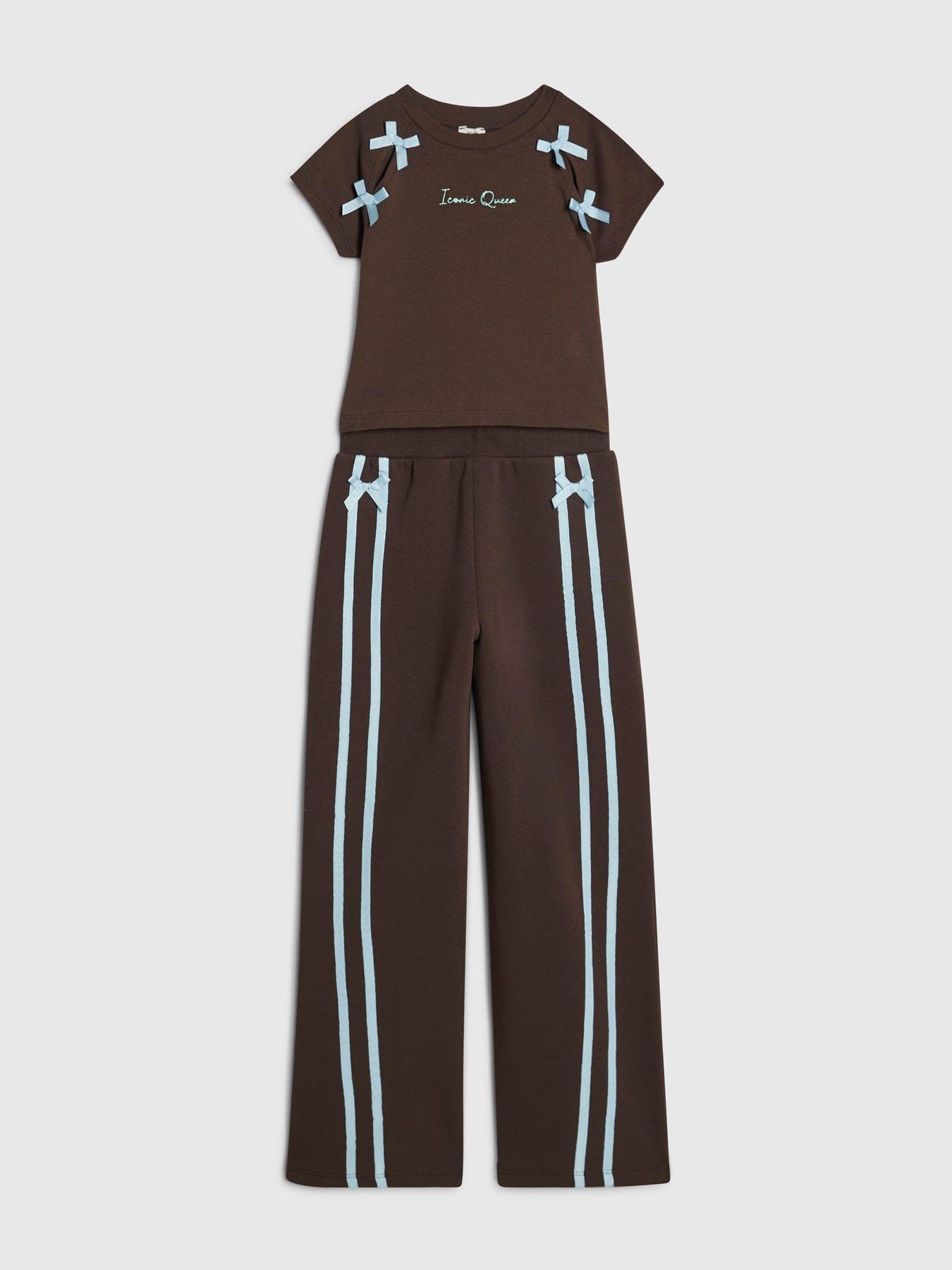 Image 3 of 5 of River Island Girls Bow Taped Wide Leg Joggers Set - Brown