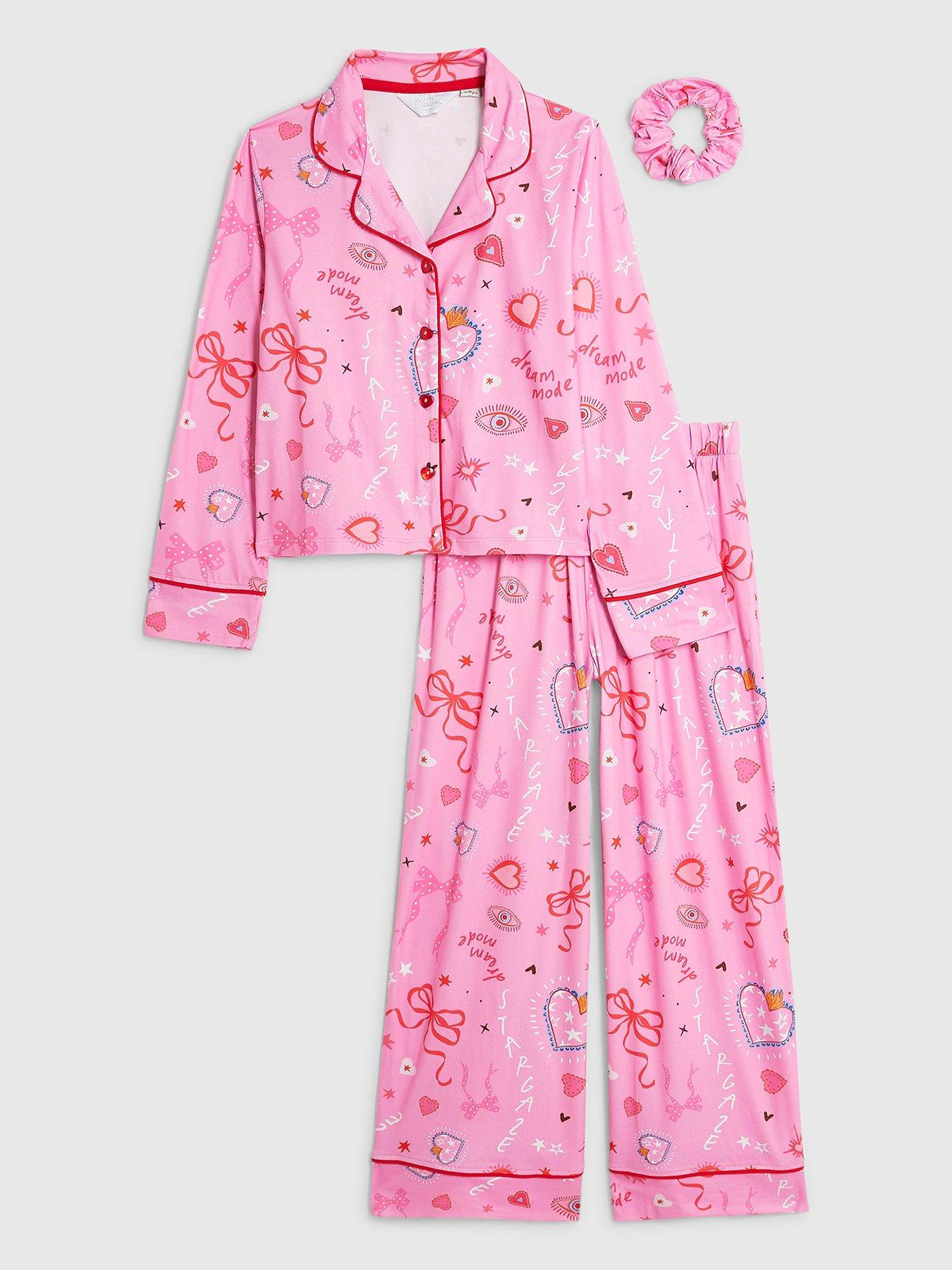 Image 1 of 3 of River Island Girl Cosmic Button Through Pyjama Set - Pink